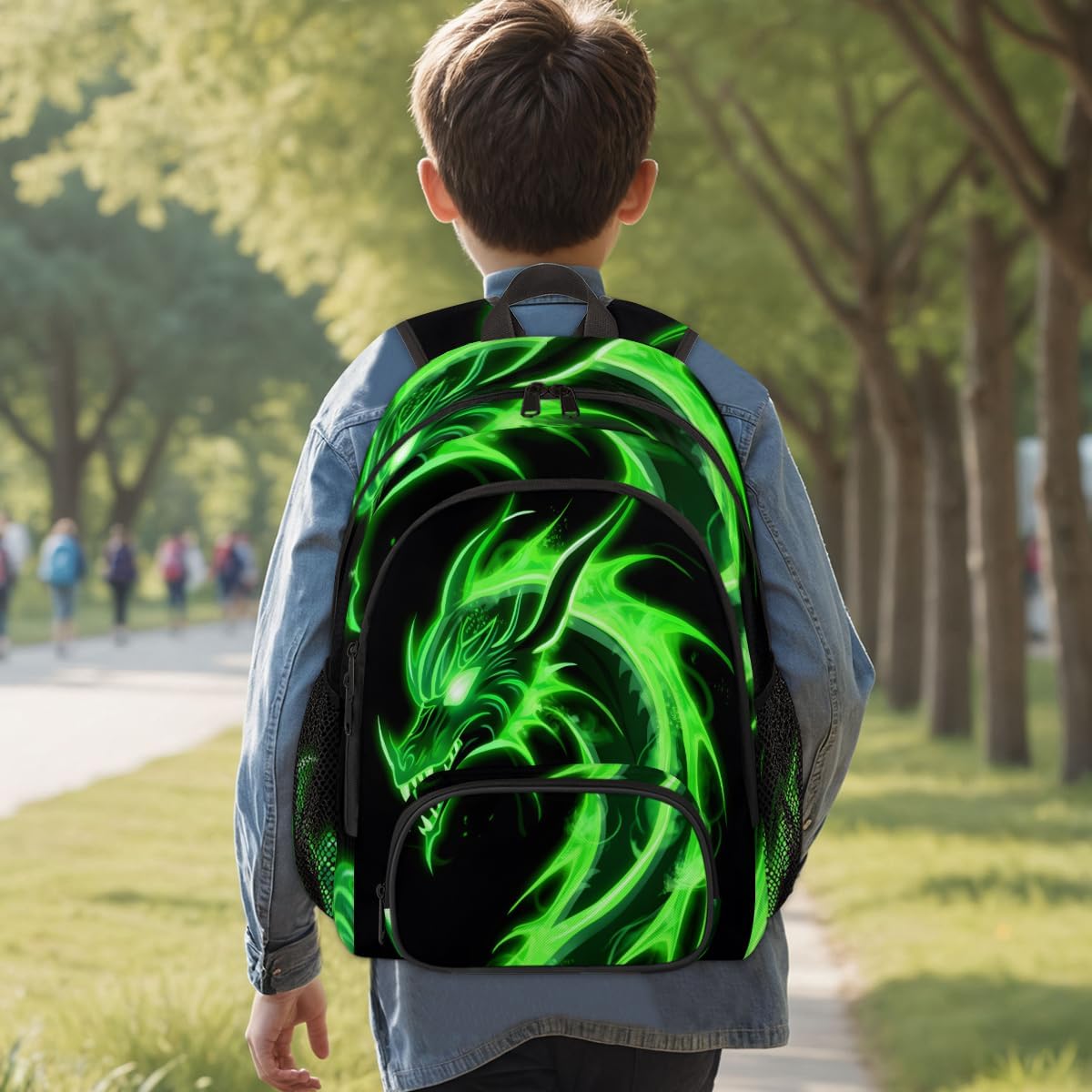 Kids Backpack for Boys - Green Dragon School Backpack for Teens Students - Schoolbag Lightweight Waterproof Elementary Book Bag Travel Casual Daypack
