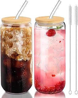 SKY-TOUCH 2 Pcs 550ml Glass Cups with Bamboo Lids and Straws