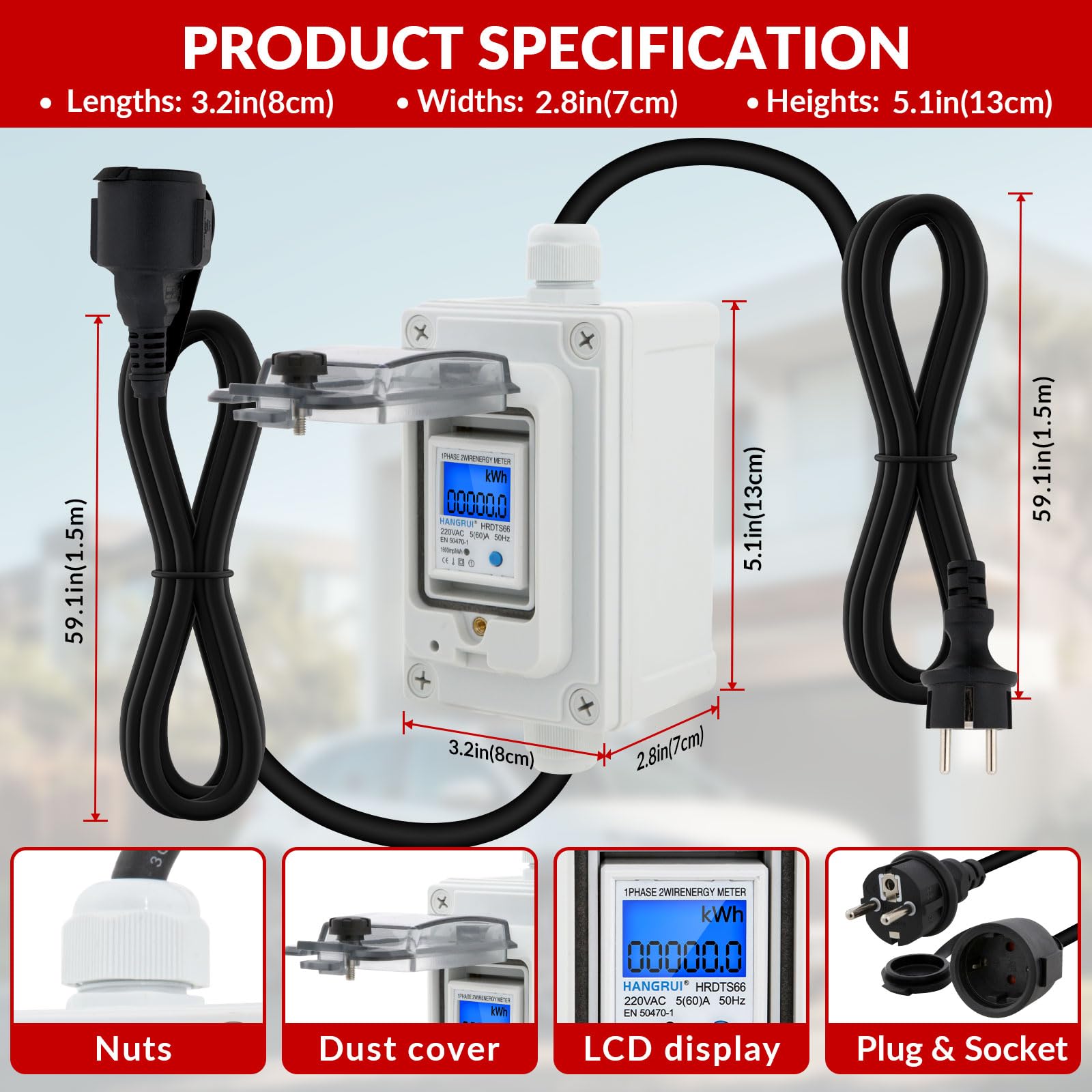 Contatore digitale mobile, 16 A, 230 V, IP65, impermeabile, contatore intermedio KWH con spina CEE per presa, adatto per camper, veicoli elettrici e casa