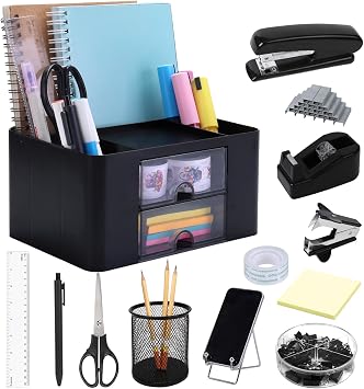 Black Desk Organizers and Accessories 13Pcs, Office Supplies for Desk, Pen Organizer with 2 Drawers with Stapler,1000 Staples, Phone Holder, Tape Dispenser, Pen Holder, Sticky Note, Clips, Ruler,Etc