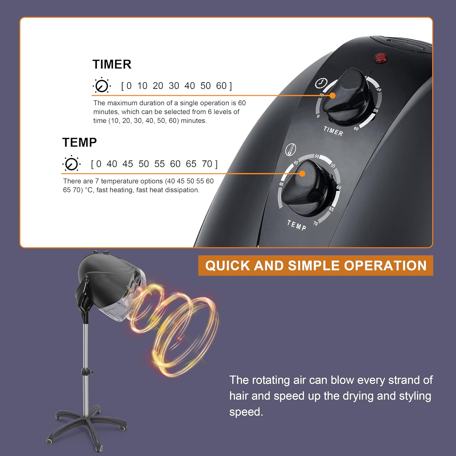 Elitzia Professional Hooded Hair Dryer for Salon 1000W Adjustable Height Standing Ionic Hooded Dryer 7 Temperature Settings and Timer 360° Wheels Quick Drying Hood Dryers for Hair Home ET194(Black) - Image 4