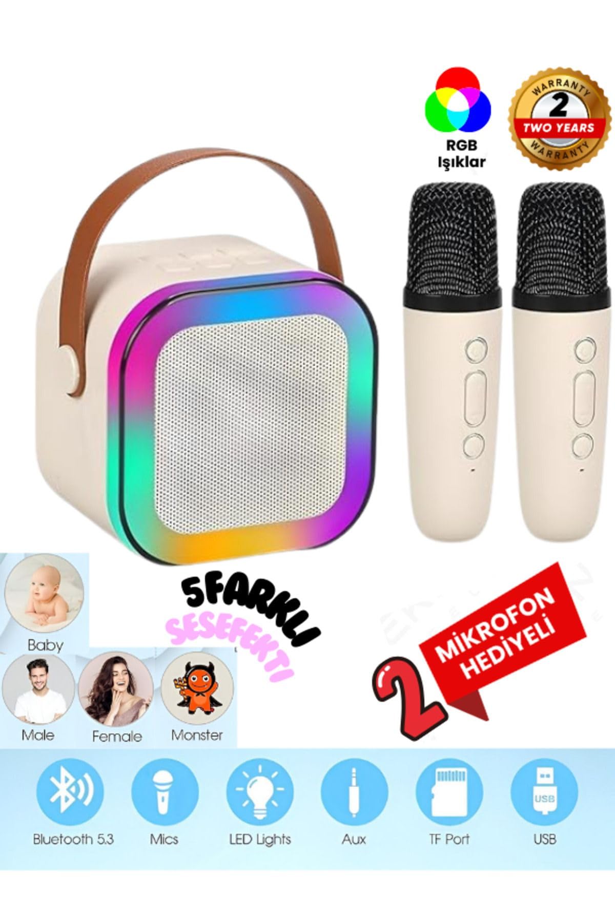 Çift Karaoke Mikrofonlu Kablosuz Bluetooth Hoparlör 5 Ses Efektli Rgb Hd Stereo Ses Usb/Sd/FM