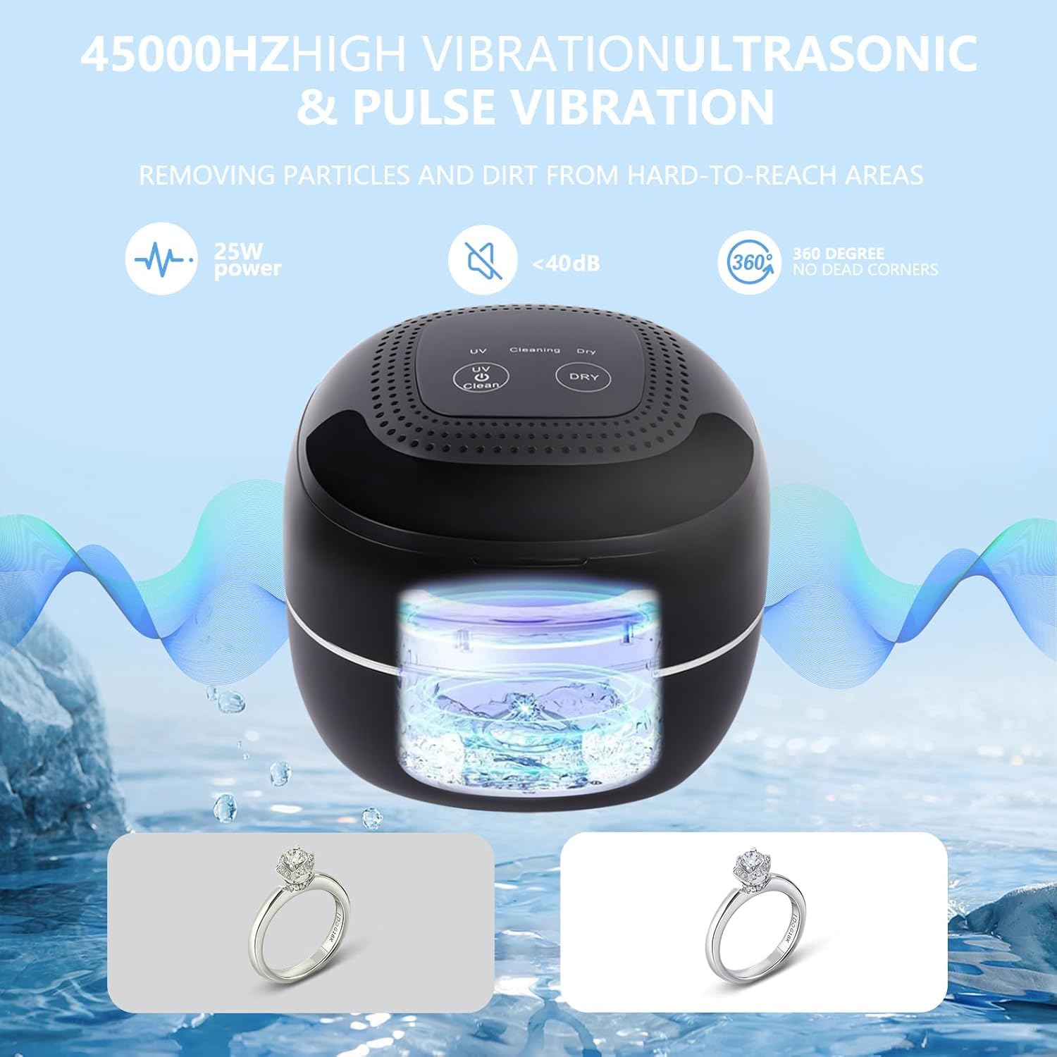 TARSHYRY Machine, 180 ML 45KHz Jewelry Cleaner Machine with Air-Drying, 2-in-1 Professional Portable Dental Jewelry Pod Deep Clean for Rings, Glasses, Jewelry (Black)