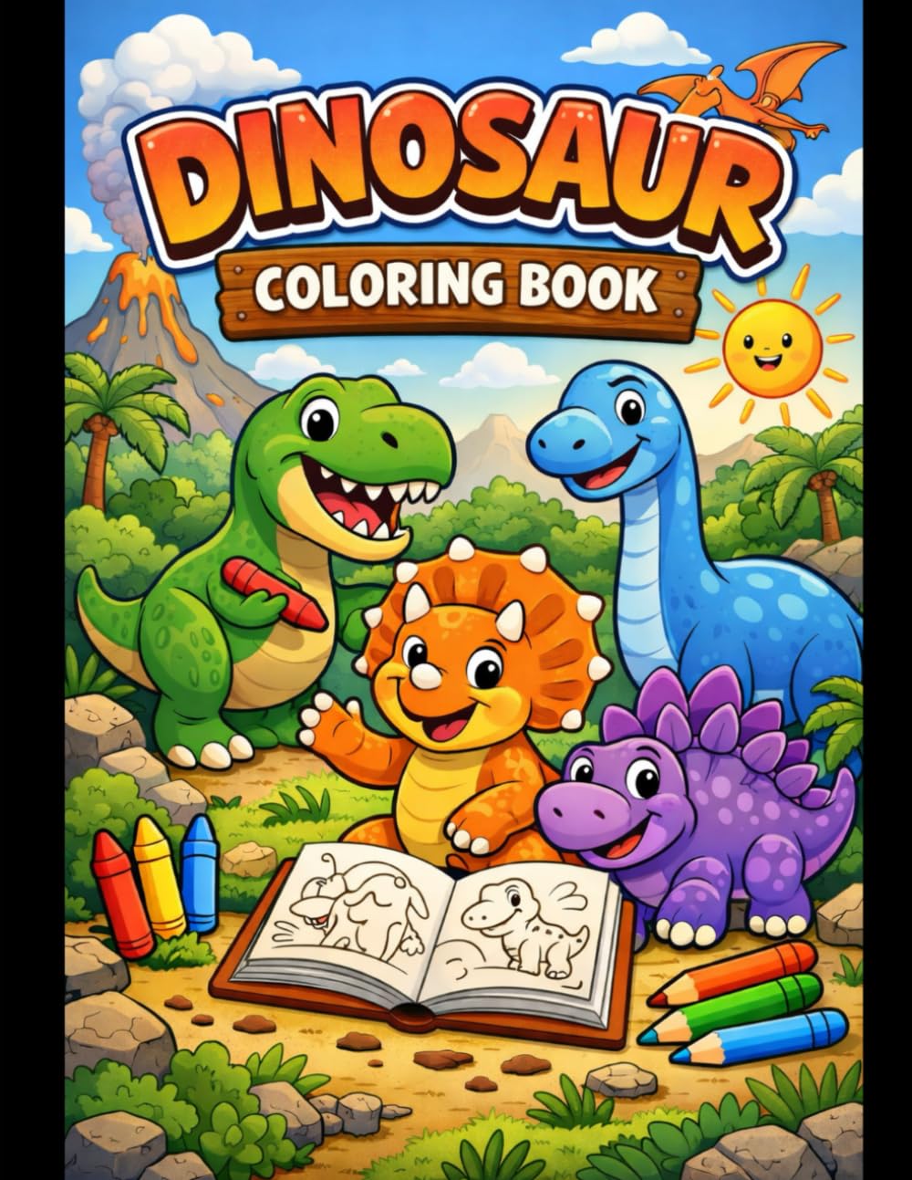Dinosaur Scene: Coloring Book for Adults and Kids. Bold and Easy Coloring Designs