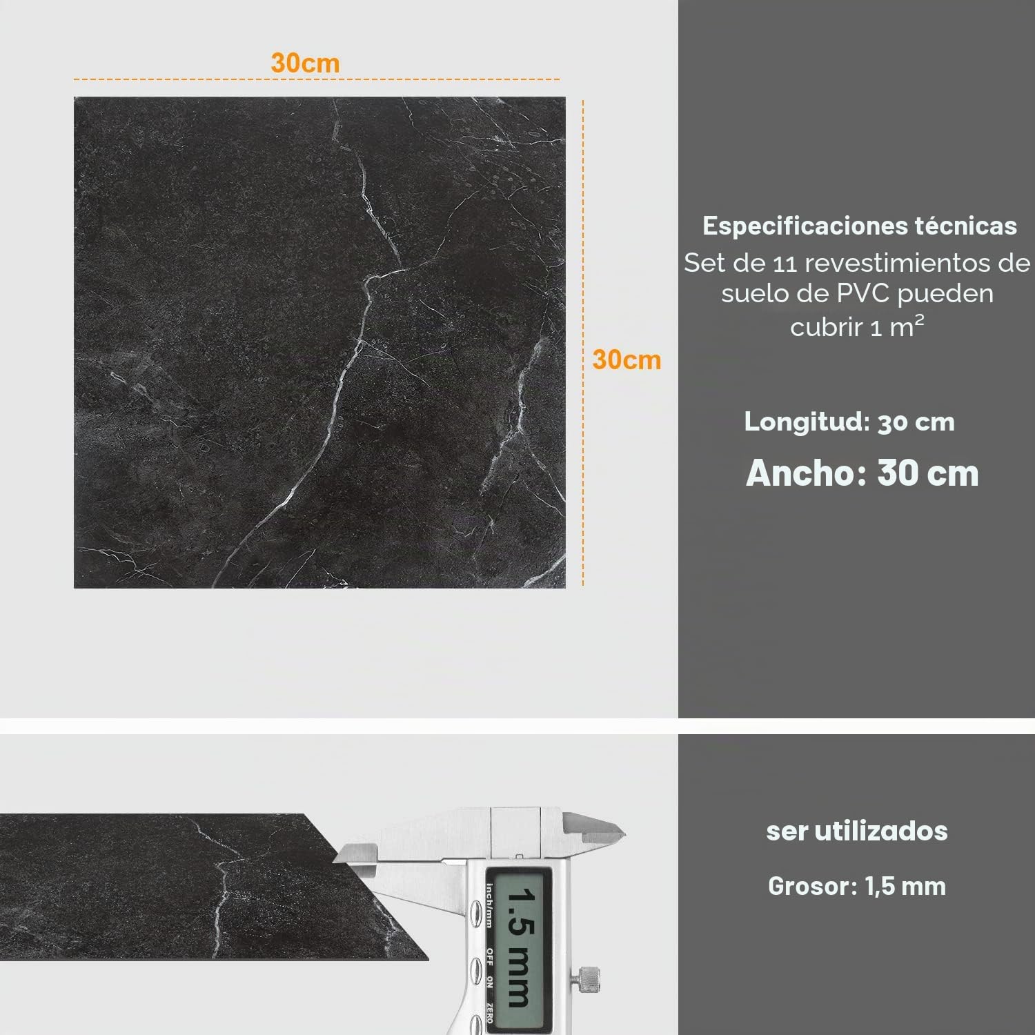 Suelo de PVC Autoadhesivo 30cm x 30cm, 2 m² / 22 baldosas Suelo de vinilo impermeable Autoadhesivo Antideslizante con aspecto de baldosa recortable - Mármol Negro