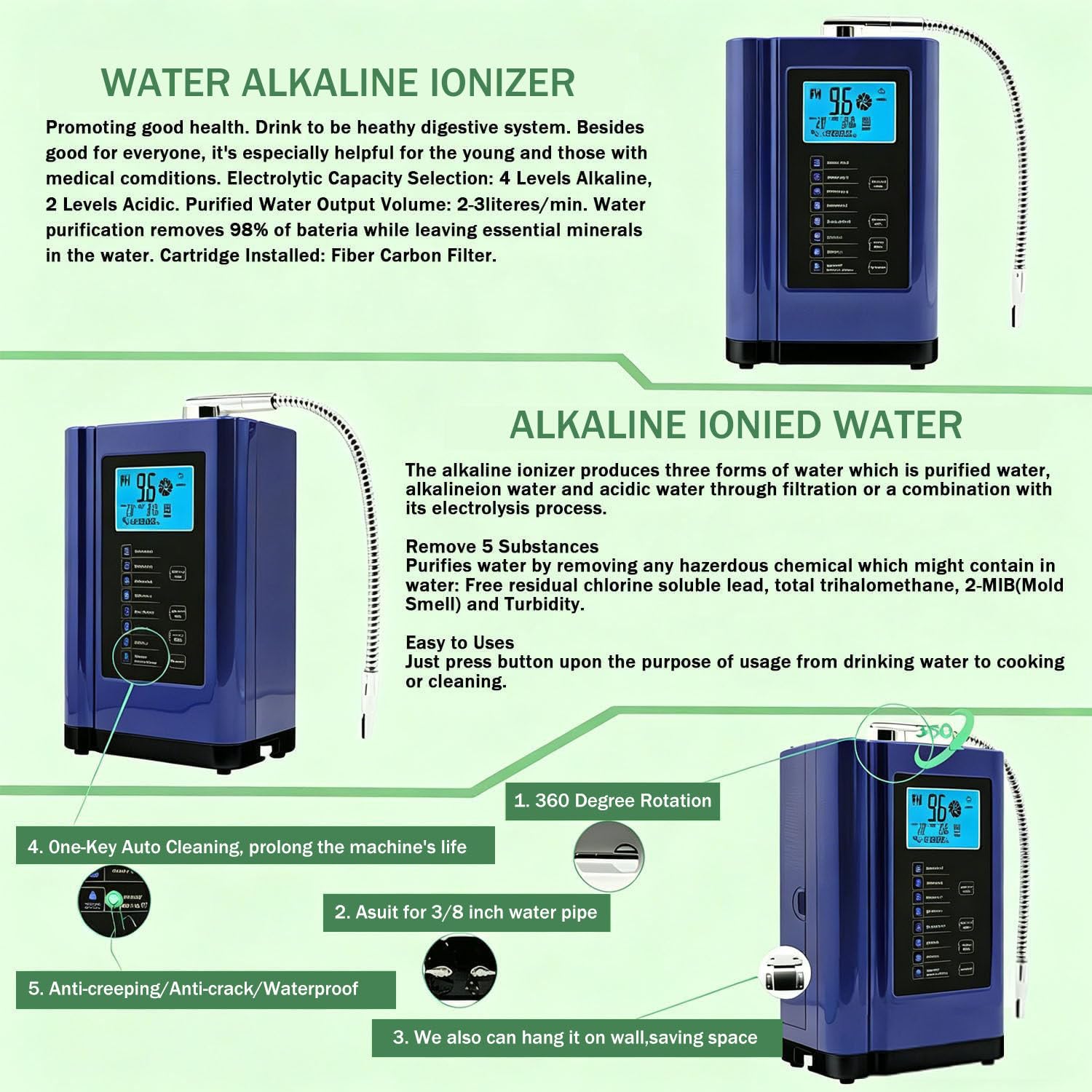 Ionizzatore d'Acqua alcalina, 5 Piastre in Titanio, ORP Fino a -500mV, Filtro da 8.000 Litri, 7 impostazioni dell'Acqua, PH 4-10,5 per Acqua alcalina e acida, autopulizia White