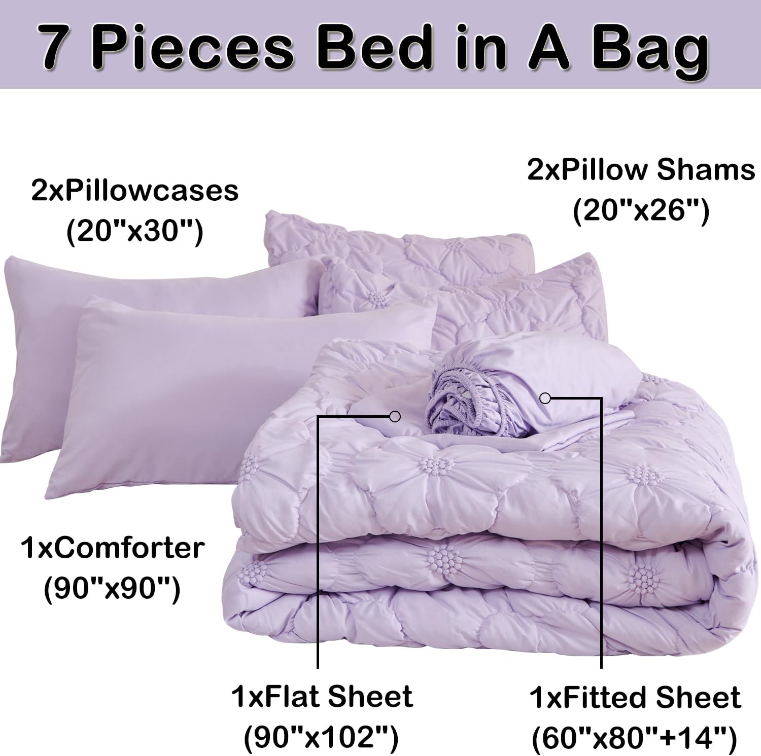 Purple Queen Comforter Set,7 Pieces Pintuck Comforters,Floral Ruched Bedding Set,Exquisite Bedding Comforter Set for All Season with Comforter,Flat Sheet,Fitted Sheet and Pillowcases & Shams(90"x90")