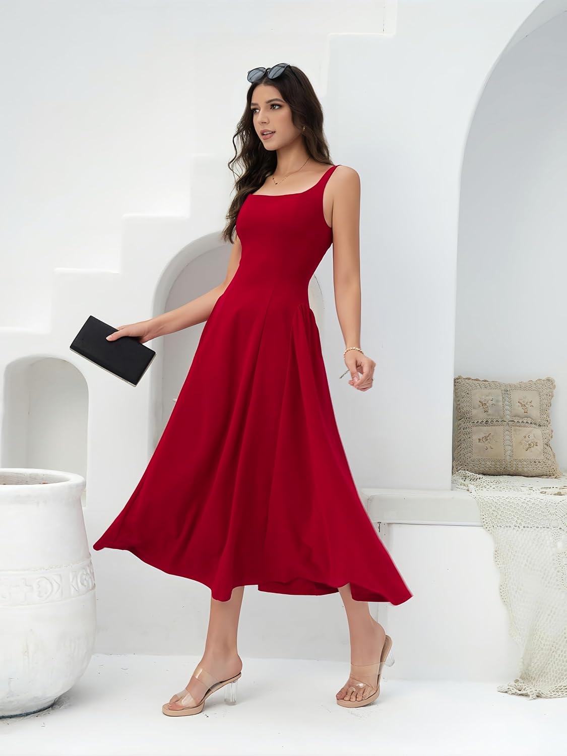 Women Square Neck Maxi Dress Slim Fitting Small Size Strappy Dress, Sleeveless Strap Long Dress for Women - Image 4