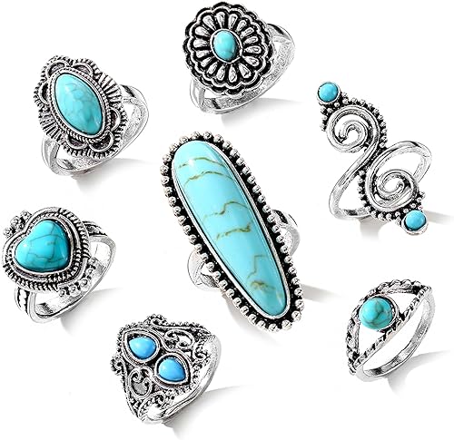 Miniatura 9 de Juego de 7 anillos apilables de plata para mujer, anillos vintage de plata antigua para mujer, juego de anillos bohemios de imitación turquesa de