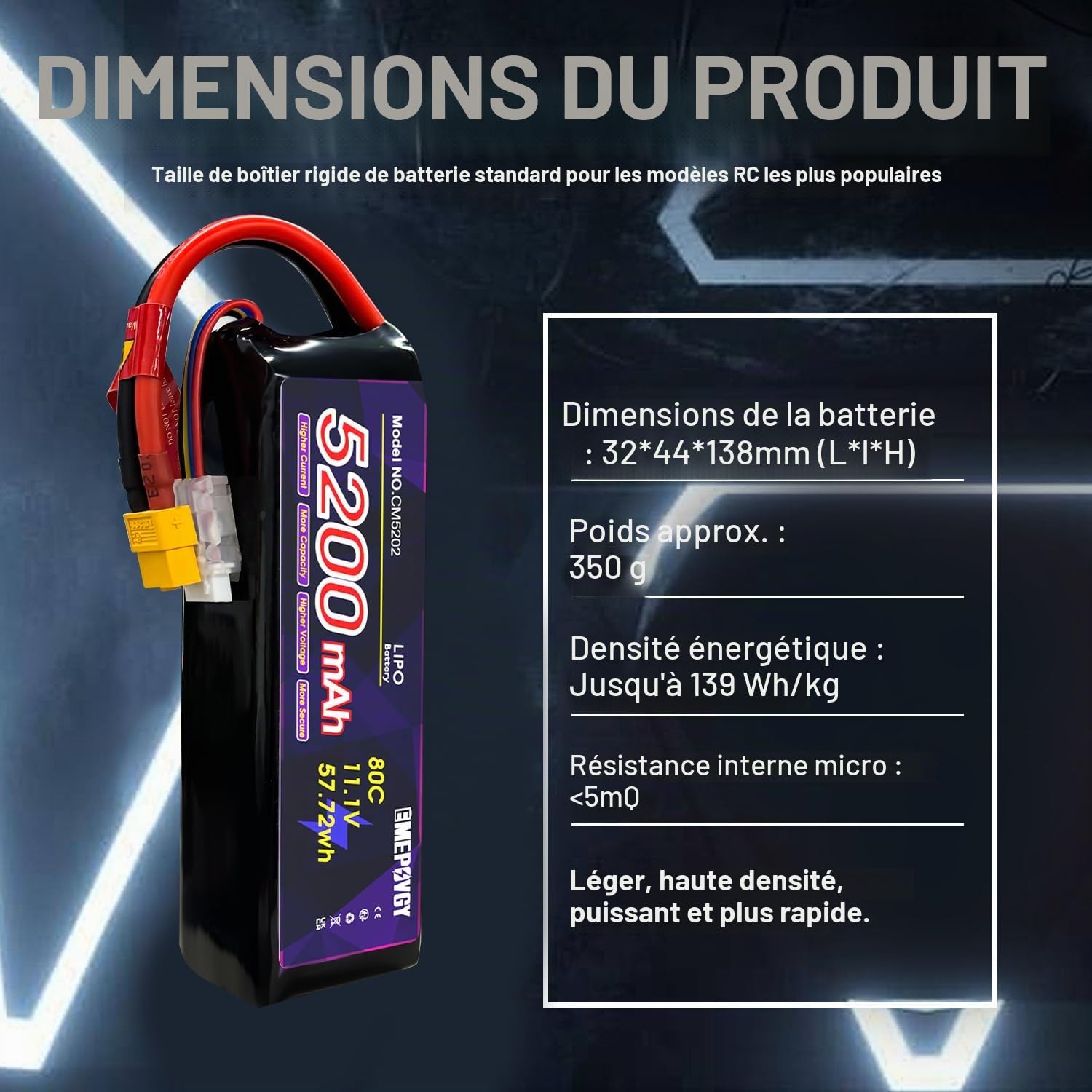 Lot de 2 batteries Lipo 11,1 V 3S 5200 mAh 80 C Lipos Étui souple avec connecteur XT60 pour voiture, avion, hélicoptère, bateau, course RC Hobby