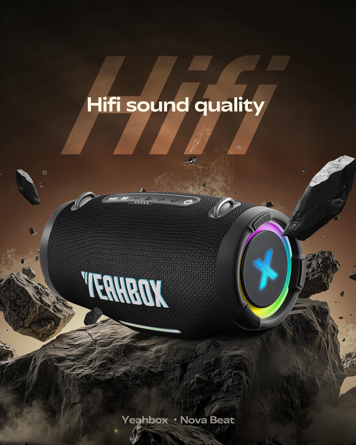 YEAHBOX Nova Beat - Altoparlante Bluetooth portatile, HiFi Party Speaker con Deep Bass Boost, RGB Light Show, protezione IPX, lunga durata, accoppiamento stereo TWS, per casa e all'aperto