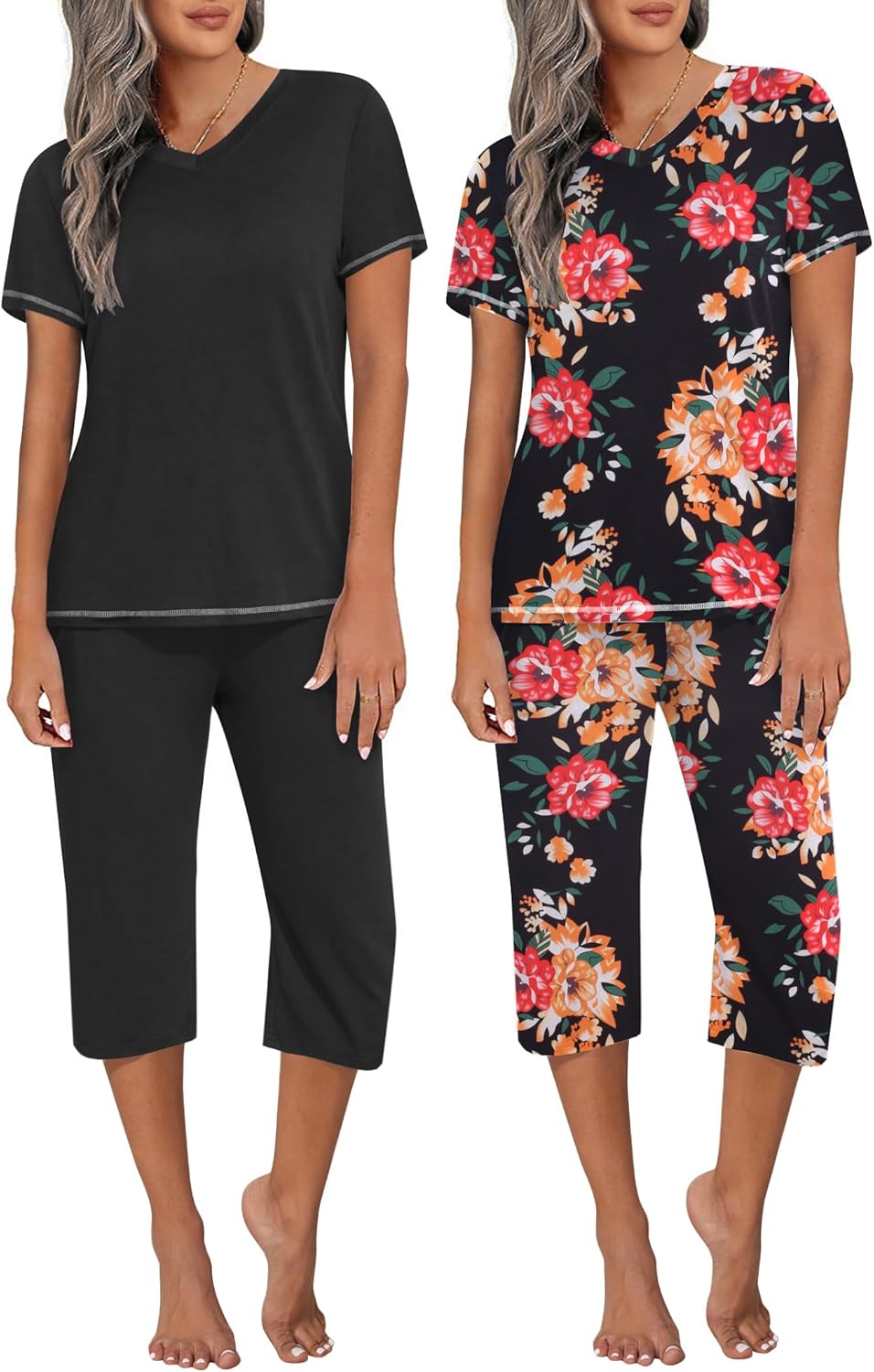 Ekouaer 2 Pack Women's Capri Pajama Sets Short Sleeve Two-Piece Pjs V Neck Tops & Pants Printed Lounge Sets S-3XL