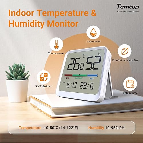 Miniatura 4 de Temtop Termómetro higrómetro de interior, monitor digital de precisión de temperaturahumedad con imán y adhesivo 3M, fecha y hora, montaje en