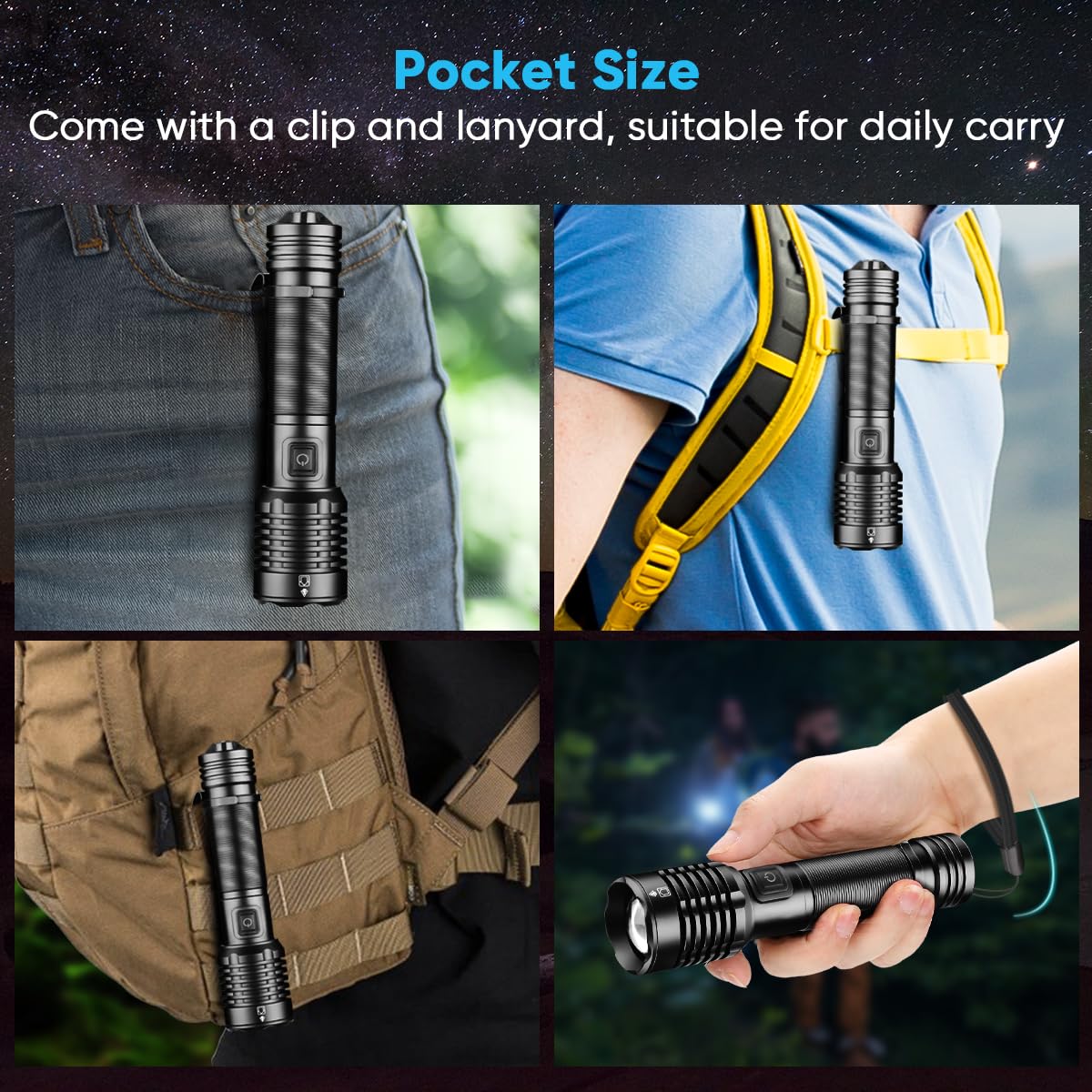 NAKCNM 2 Pack Super Bright Mini USB Rechargeable LED Torches With Pocket Clip 4 Modes Adjustable Focus EDC Torch Waterproof Battery Powered High - View #7
