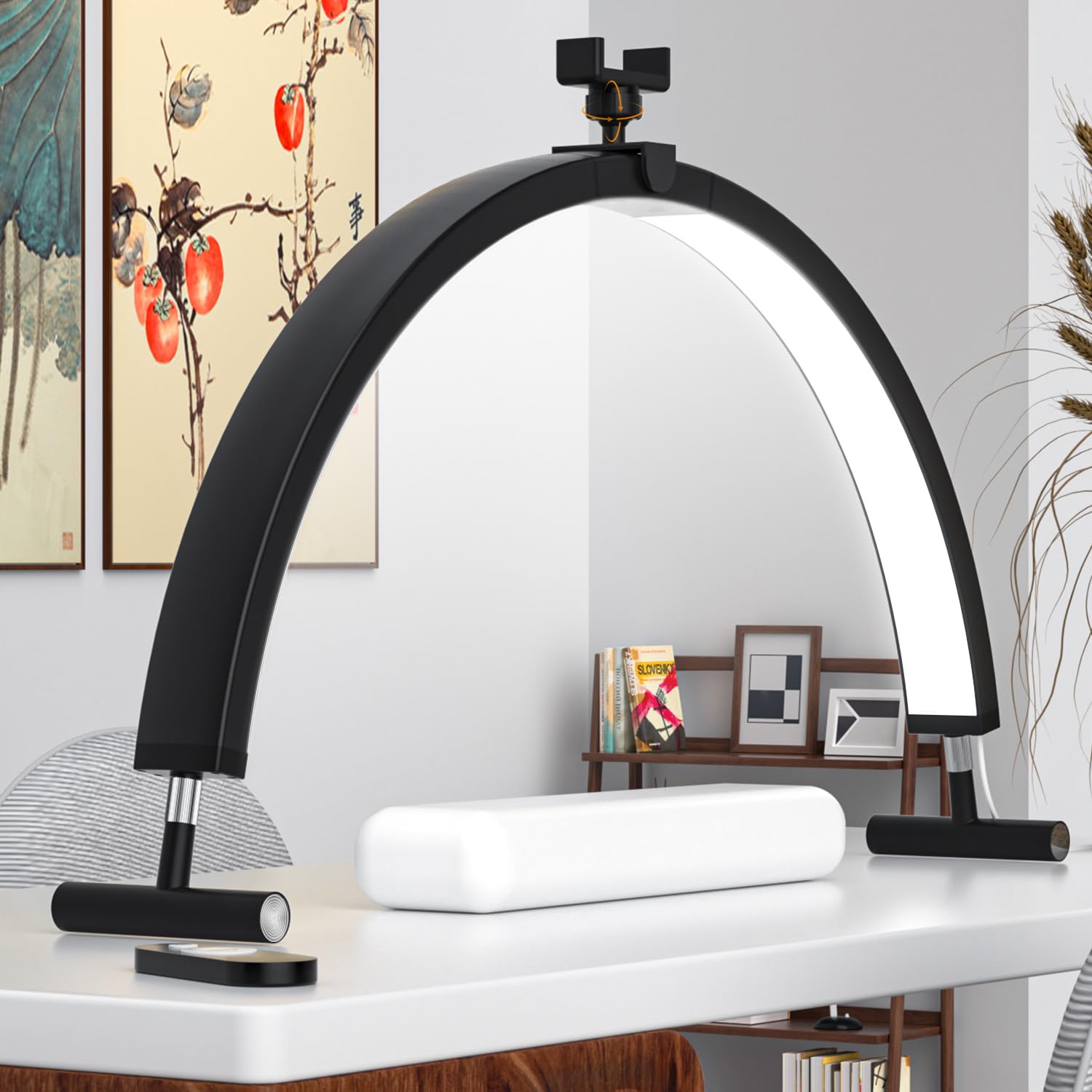 YFHT Half Moon Light, 29'' Half Moon Lamp Adjustable Brightness, Nail Light For Desk with Phone Holder, Desk Lamp for Lash Eyelash Extension, Tattoo, Eyebrows, Nail Lighting,Black