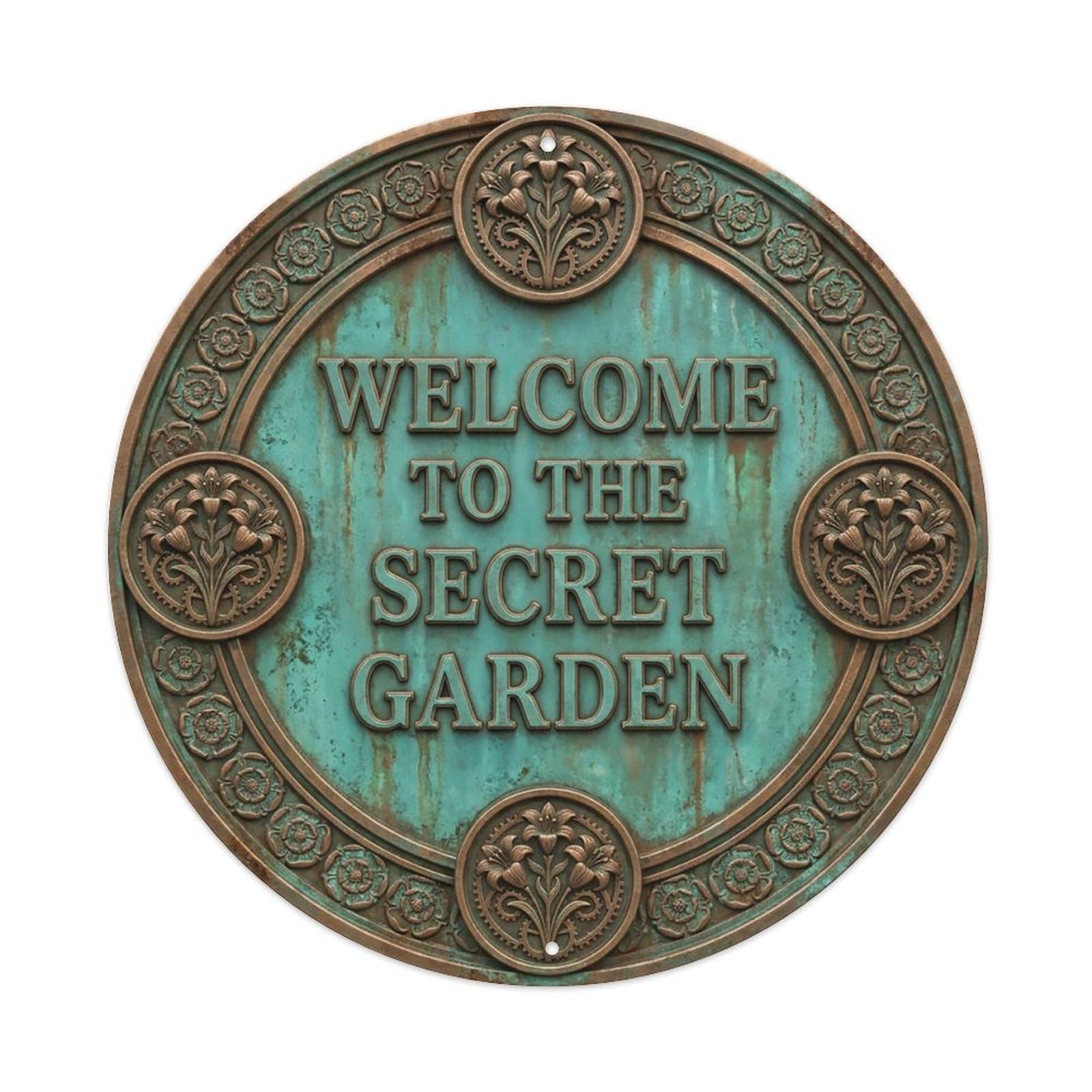 Vintage Welcome Secret Garden Ornate Worn Metal Tin Sign