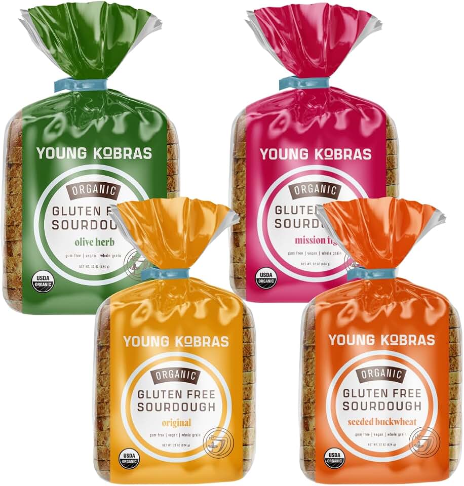 Young Kobras Variety Pack Gluten-Free Organic Sourdough Bread 22oz (4pk) | Original, Seeded Buckwheat, Fig & Olive Herb, Naturally Fermented, High Fiber, Keto & Paleo, Vegan, Fresh Baked, Celiac Safe USDA Organic
