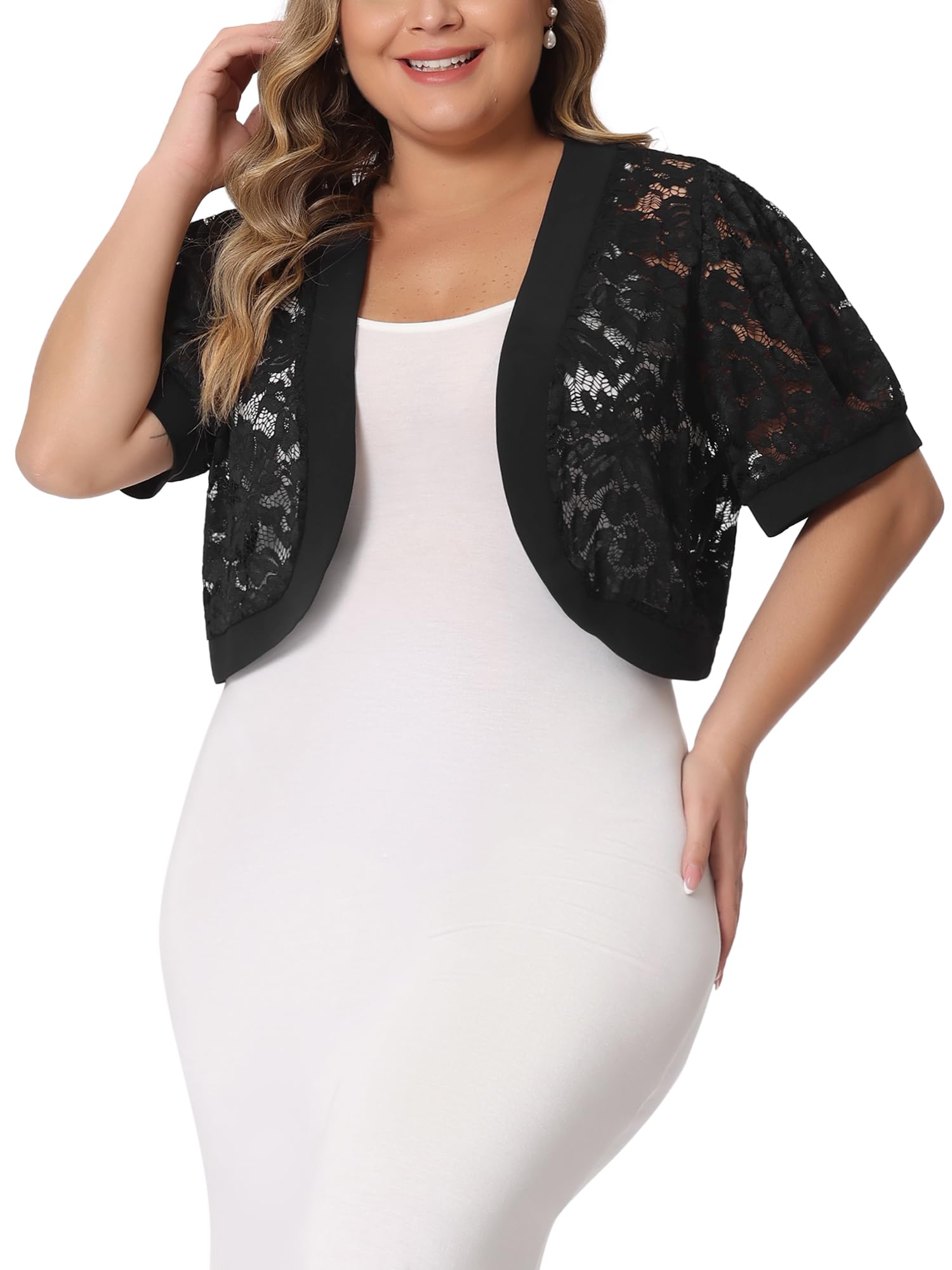 Agnes Orinda Women Plus Size Open Front Short Sleeve Lace Cropped Cardigan | Floral Sheer Bolero Shrugs For Dresses Solid Color Kimonos