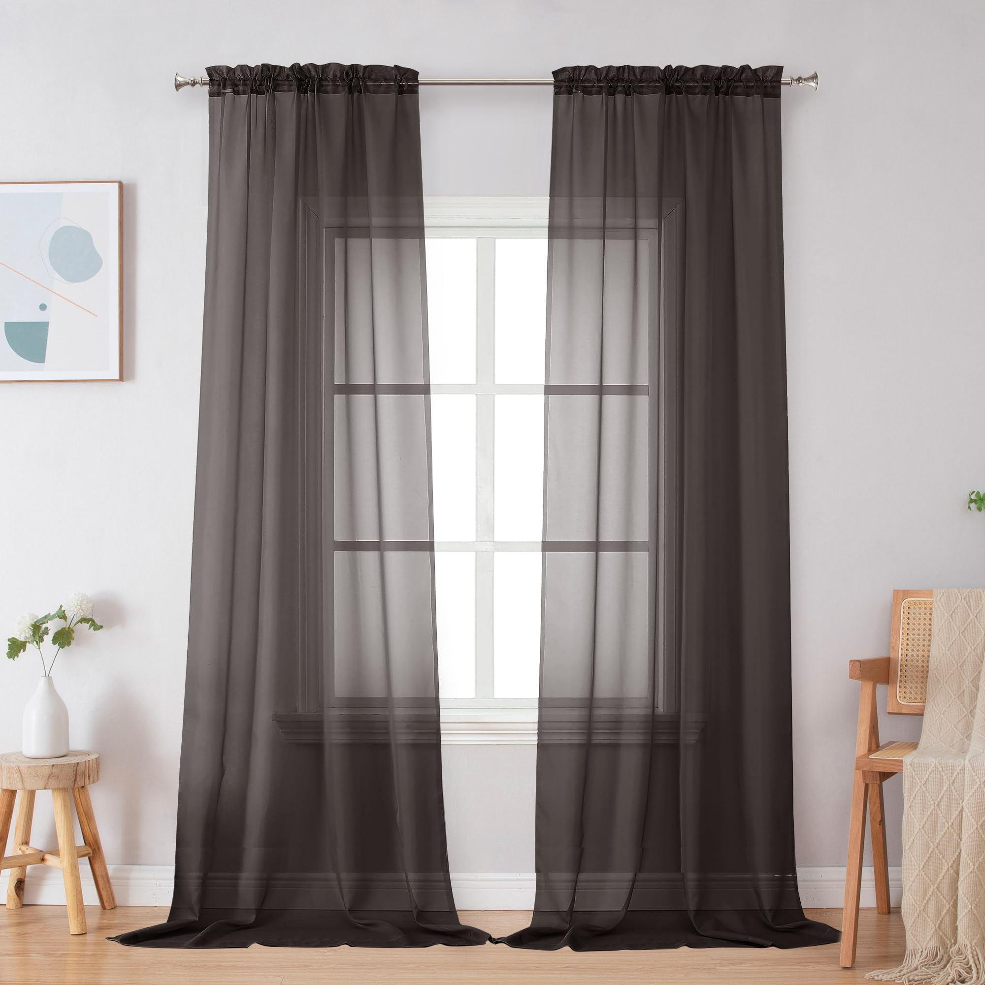 Simplebrand Chocolate Sheer Curtains 96 Inches Long 2 Panels for Bedroom