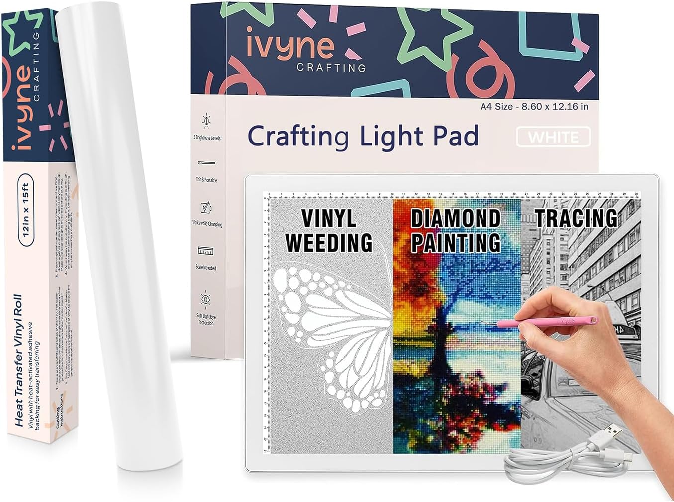 iVyne White Vinyl Crafting Kit: A4 Corded Light Box for Precision Tracing & Weeding & 12" x15ft White Heat Transfer Vinyl - Perfect for Cricut & Silhouette Cameo Projects