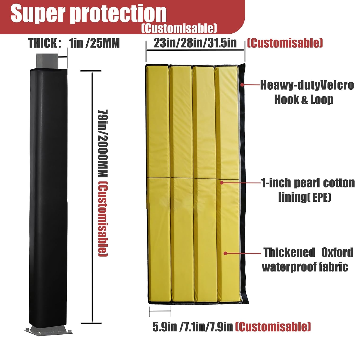 Basketball Pole Pad, Thick Square Post Padding Protector, Heavy Duty Waterproof UV Resistant Safety Cushion with Adjustable Straps for Outdoor Indoor Hoop, Driveway, Backyard, Garage Court