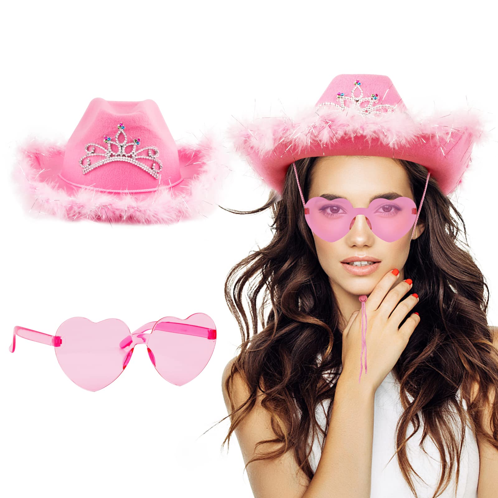 COLOFALLA Sombrero de Vaquero Rosa + Gafas de Corazones Rosa Gorro Vaquero Disfraz Mujer para Carnaval Fiesta Temática Infantiles Mujer