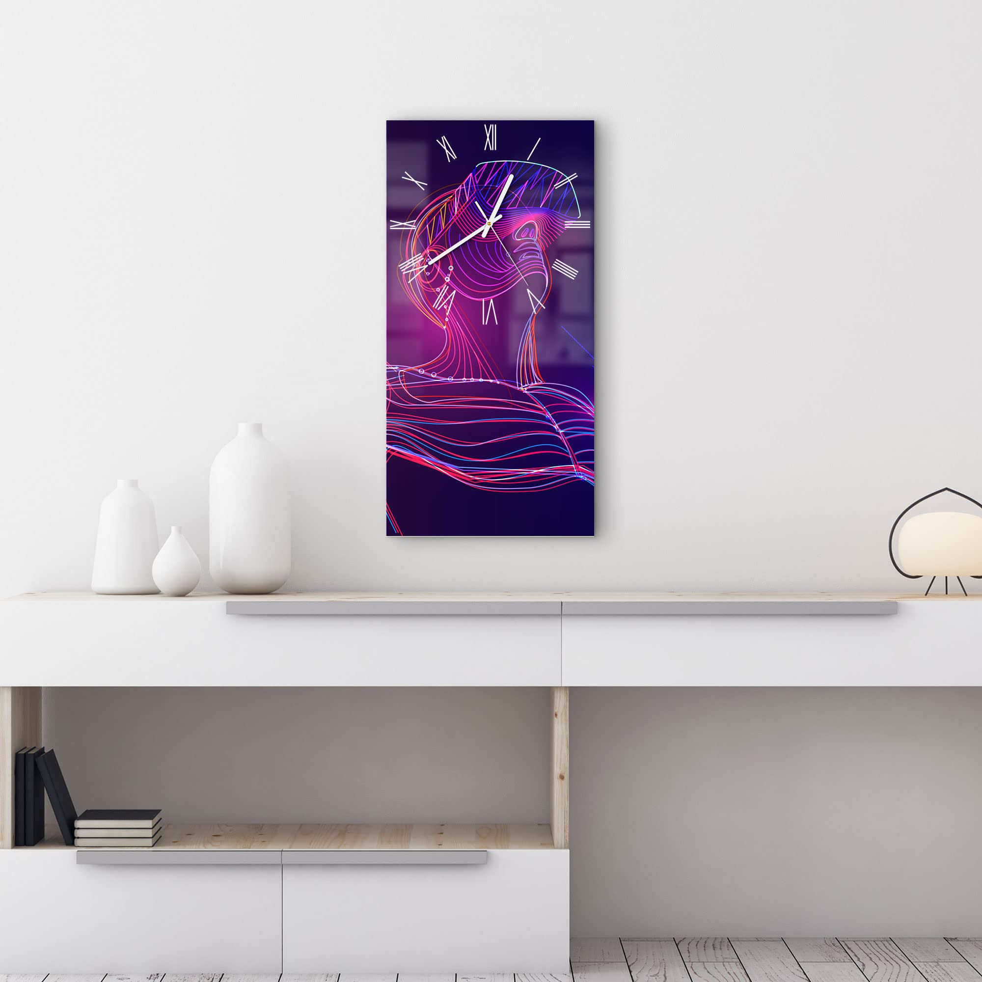 DEQORI Szklany zegar | poziomy 30 x 60 cm | motyw mężczyzny z okularami VR | duży zegar XXL ze szkła | cichy zegar ścienny do salonu i kuchni | nowoczesny zegar przyciągający wzrok na ścianę