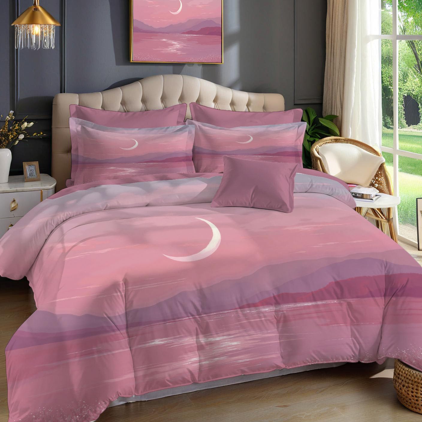 Housse de couette 240x260cm motif croissant de lune et mer calme