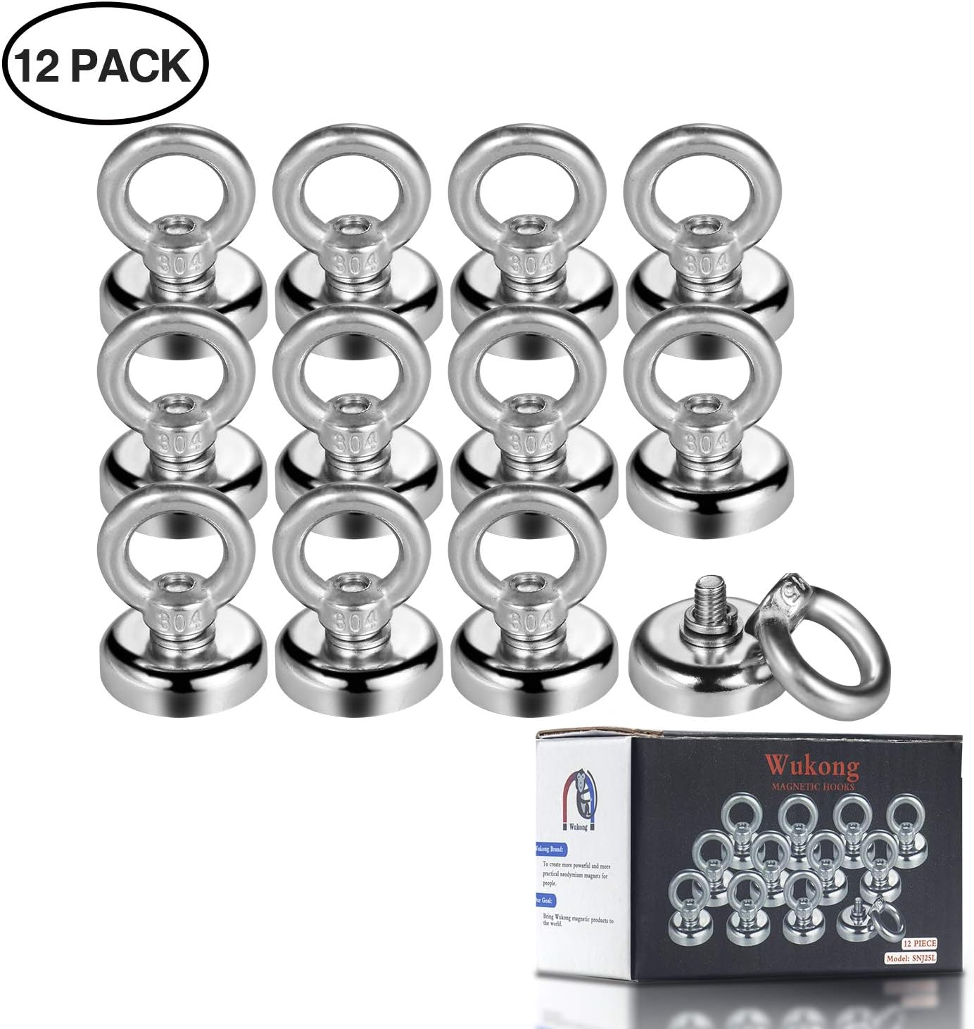 Wukong 12 Pack Magnet Hook,19kg Pulling Force Powerful Round Neodymium Fishing Magnet Heavy Duty Magnetic Hooks Diameter 0.98 inch(25mm)