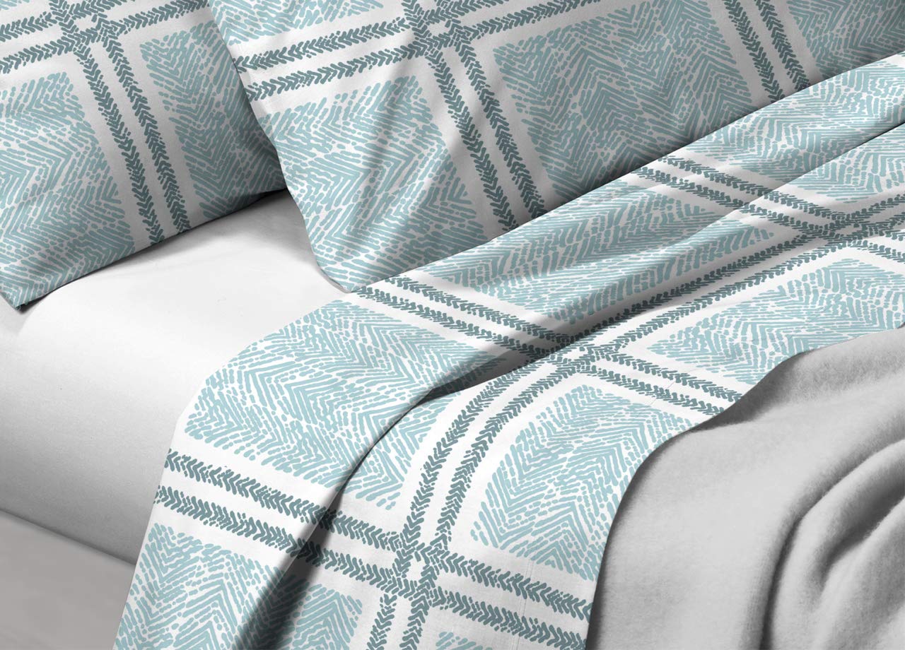 SOFFICIOSO Set Completo Lenzuola in Puro Cotone Modello Tartan Colore Azzurro Singolo Azzurro