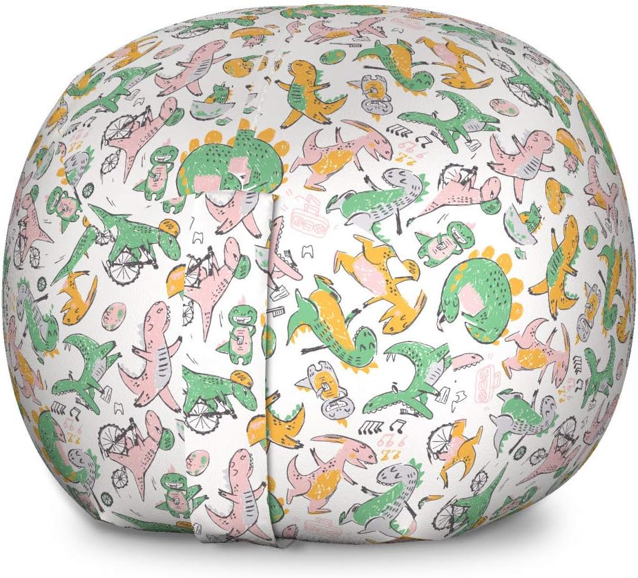 Ambesonne Dino Storage Toy Bag Chair, Sketchy Doodle Style Dinosaurs on Bicycles, Stuffed Animal Organizer Washable Bag, Large Size, Multicolor