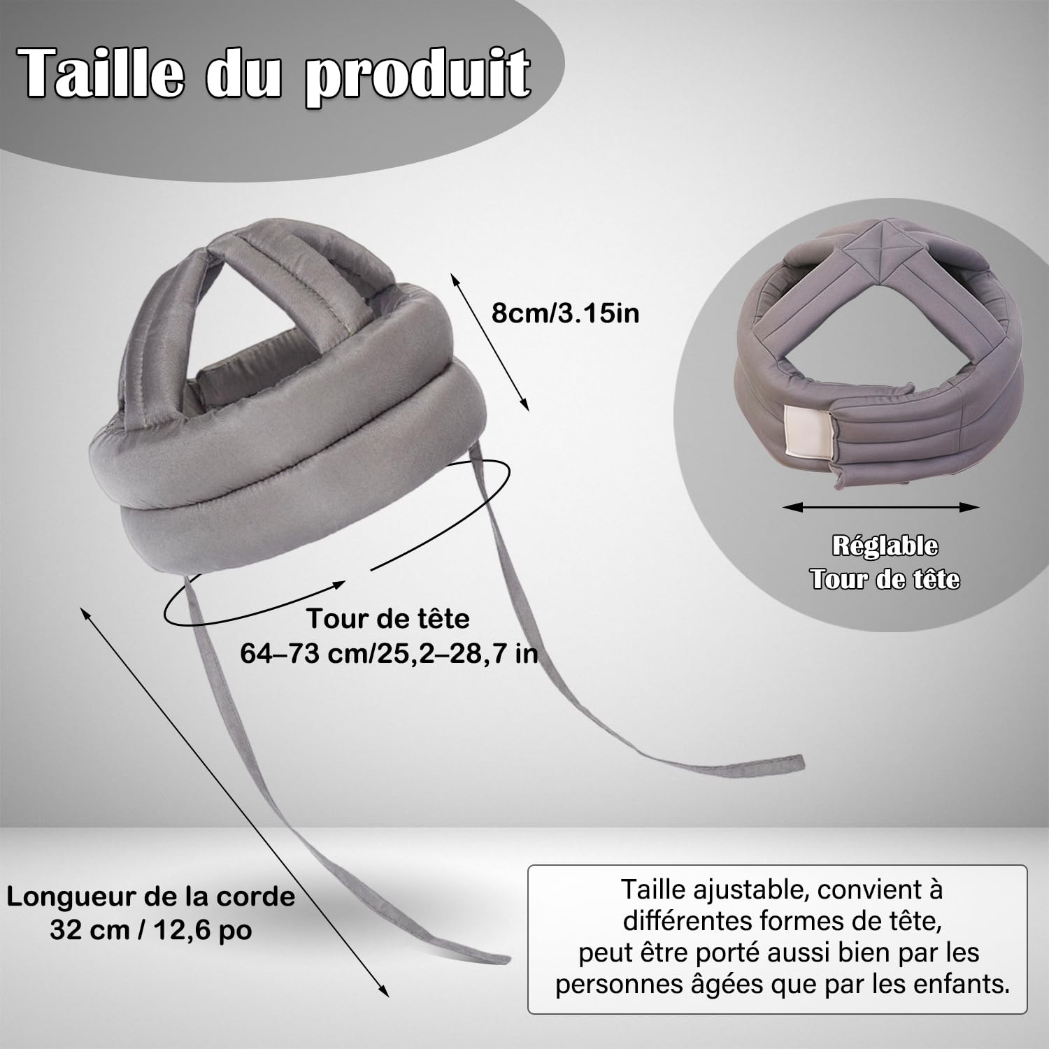 Casque De Sécurité Anti-Chute pour Tête De Personne âgée Chapeau De Protection épais Et Doux Casquette De Protection de la Tête Réglable pour la Prévention des Chutes pour Les(Gris Clair)