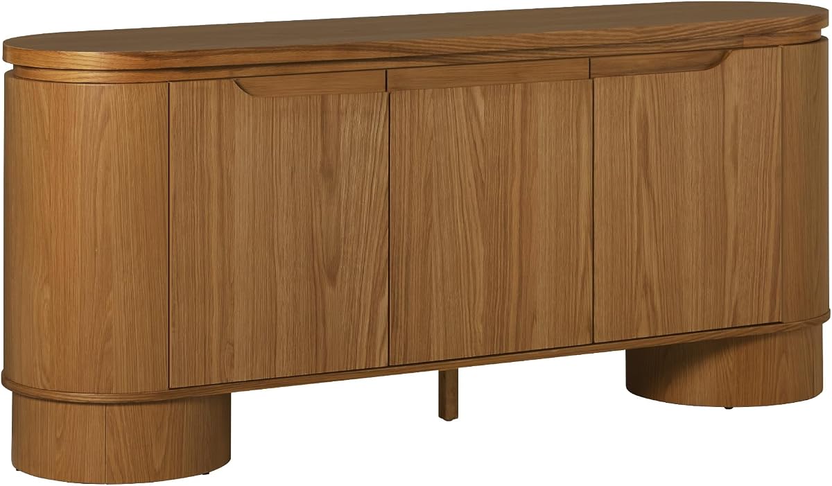 Walker Edison Maya Large Curved Modern Solid Oak Wood Veneer 70 Inch Sideboard TV Stand with Storage, Medium Brown Oak