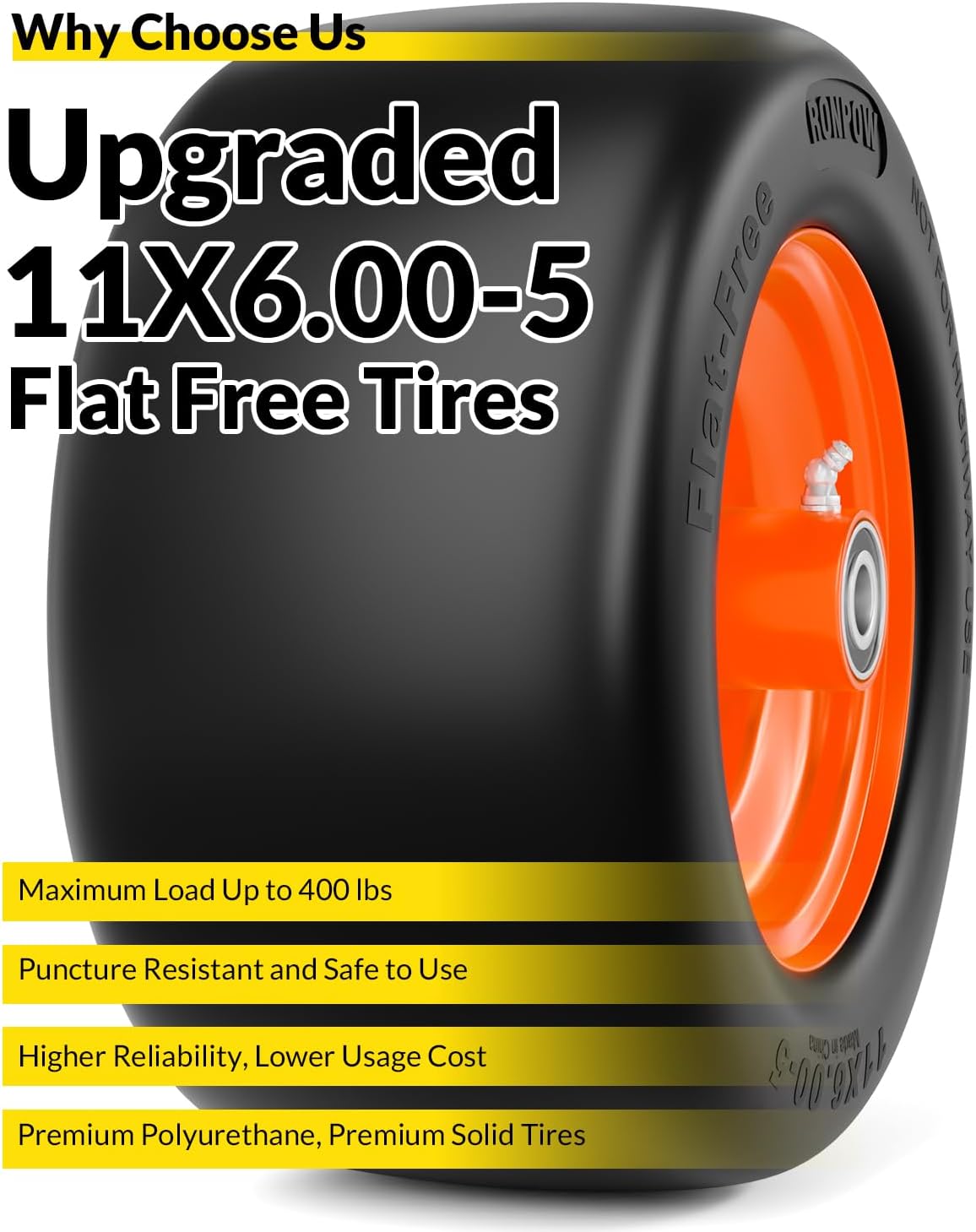 11x6.00-5 Flat Free Lawn Mower Tire and Wheel, 11x6x5 Solid Front Tires for Zero Turn Mower, 400Lbs Load, 3/4", 5/8" and 1/2" Bearings, 5.31"-7.71" Hub for Residential Commercial, 2Pack Orange