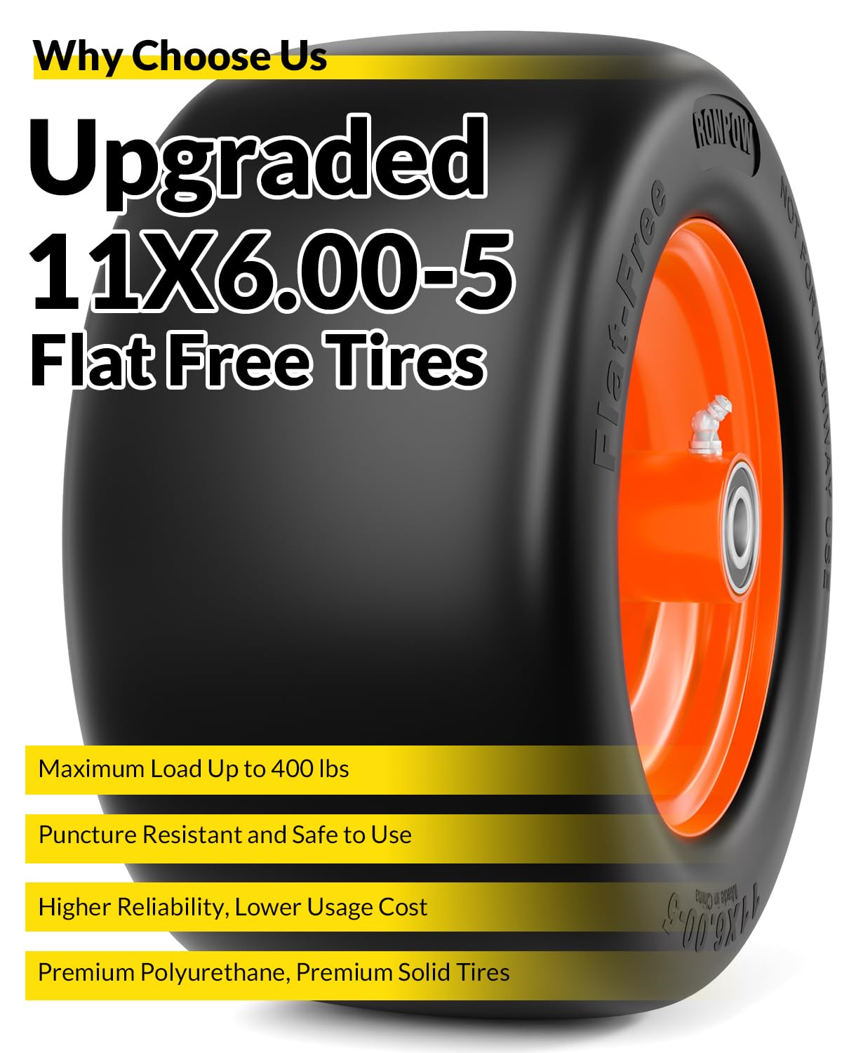 RONPOW Neumático y rueda para cortacésped de 11 x 6.00-5, neumáticos delanteros sólidos de 11 x 6 x 5 para cortacésped de giro cero, carga de 400 libras, rodamientos de 0.75 pulgadas, 0.63 pulgadas y