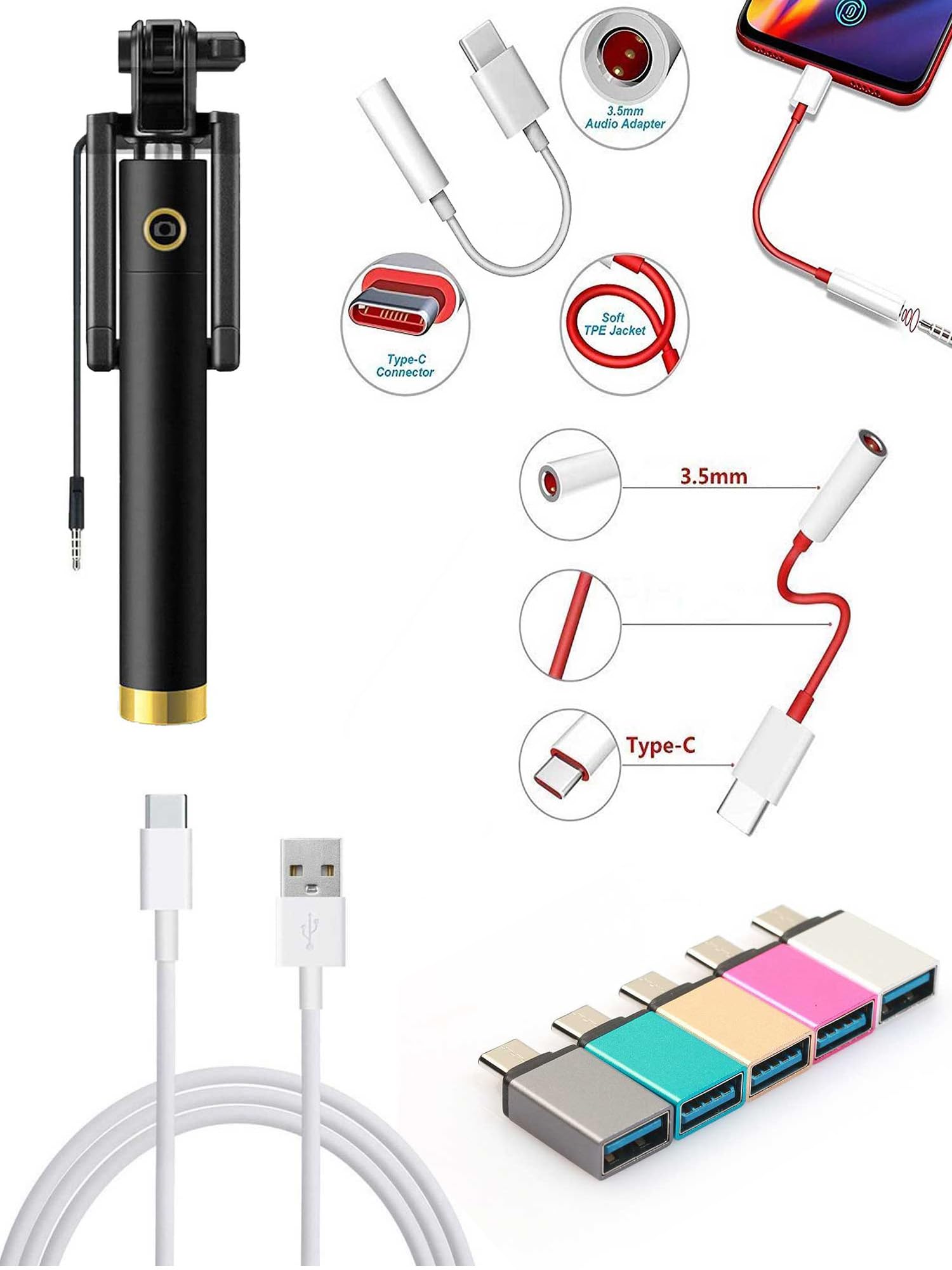 RRTBZ Combo of Selfie Stick Monopod with Aux and C-Type Data Cable and C-Type OTG Adater and Audio Connector (Assorted) -Set of 4 Pcs-image-24