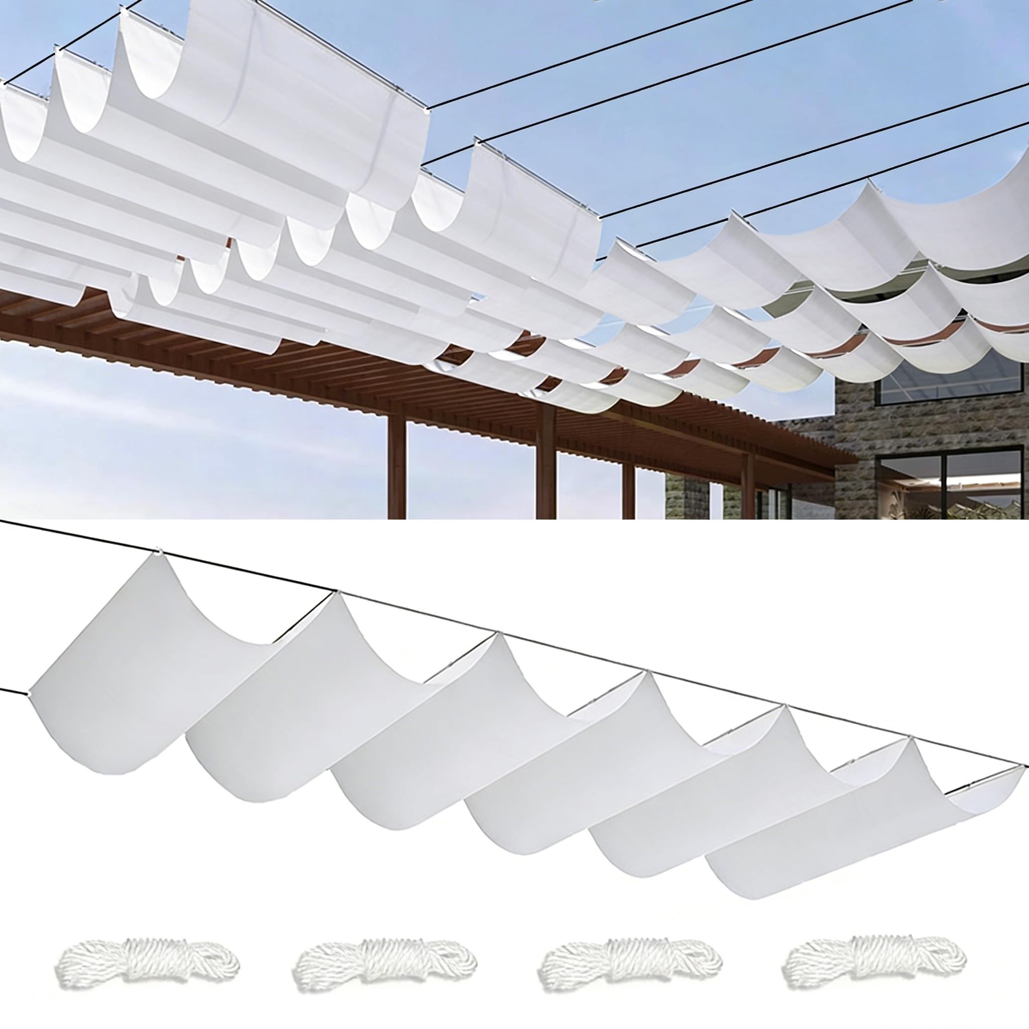 Sun Shade Sail Retractable Wave 3.4x3M Waterproof Rectangle Shade Cloth Waterproof Outdoor Garden Patio Sunscreen Awning Canopy 95% UV Block with Rope for Outdoors Garden Patio White