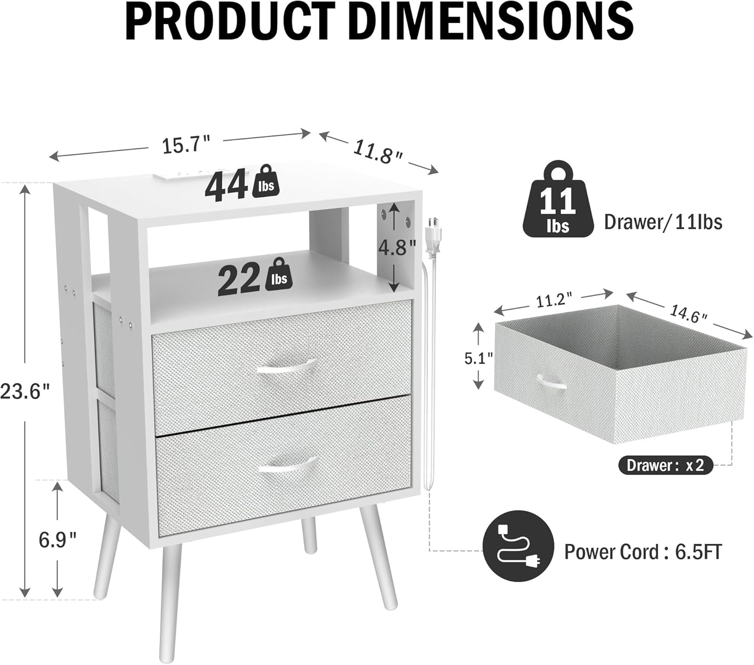 Modern Nightstands Set of 2, LED Sofa Side Table with Charging Station, LED Lights and Fabric Drawer Stylish Functional Living Room Bedroom Furniture(White,2 Drawers)
