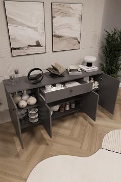 ASRA TREND Lüks Konsol TV Ünitesi%100 MDF Salon ve Yemek Odası Ünitesi KNSL-03 Koyu Gri 160x80x45 cm 1 Çekmeceli 4 Kapaklı Modern Büfe