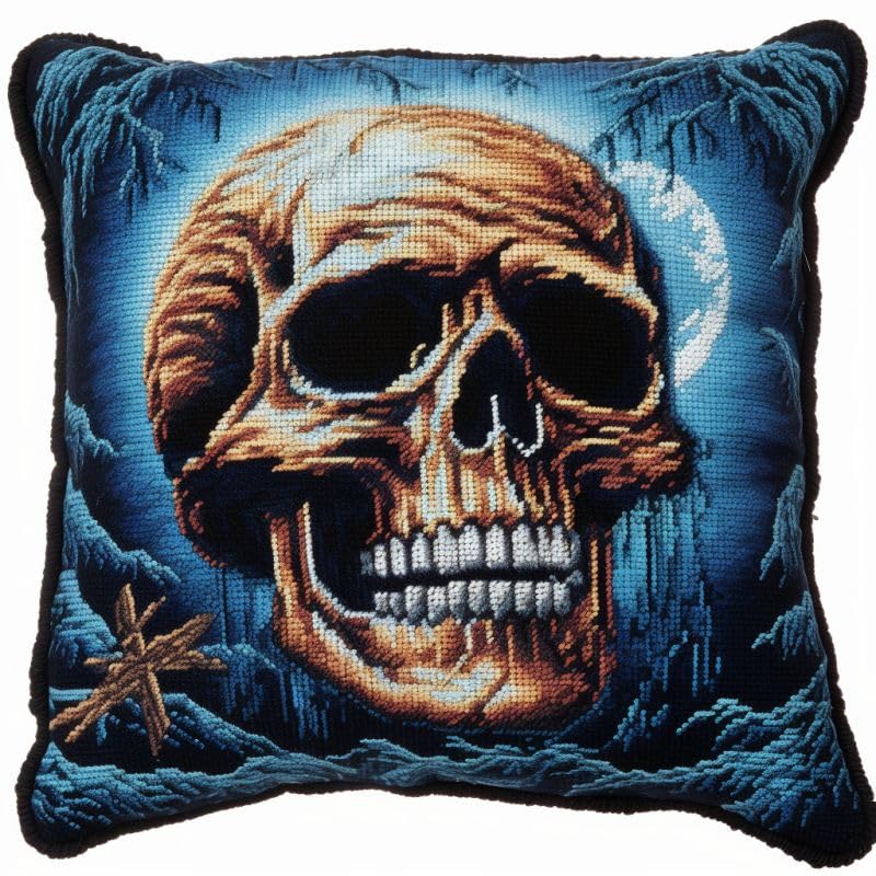 Blue Moon Skull Latch Hook Kit - DIY Pillow Making Kit 43x43cm With Preprinted Canvas