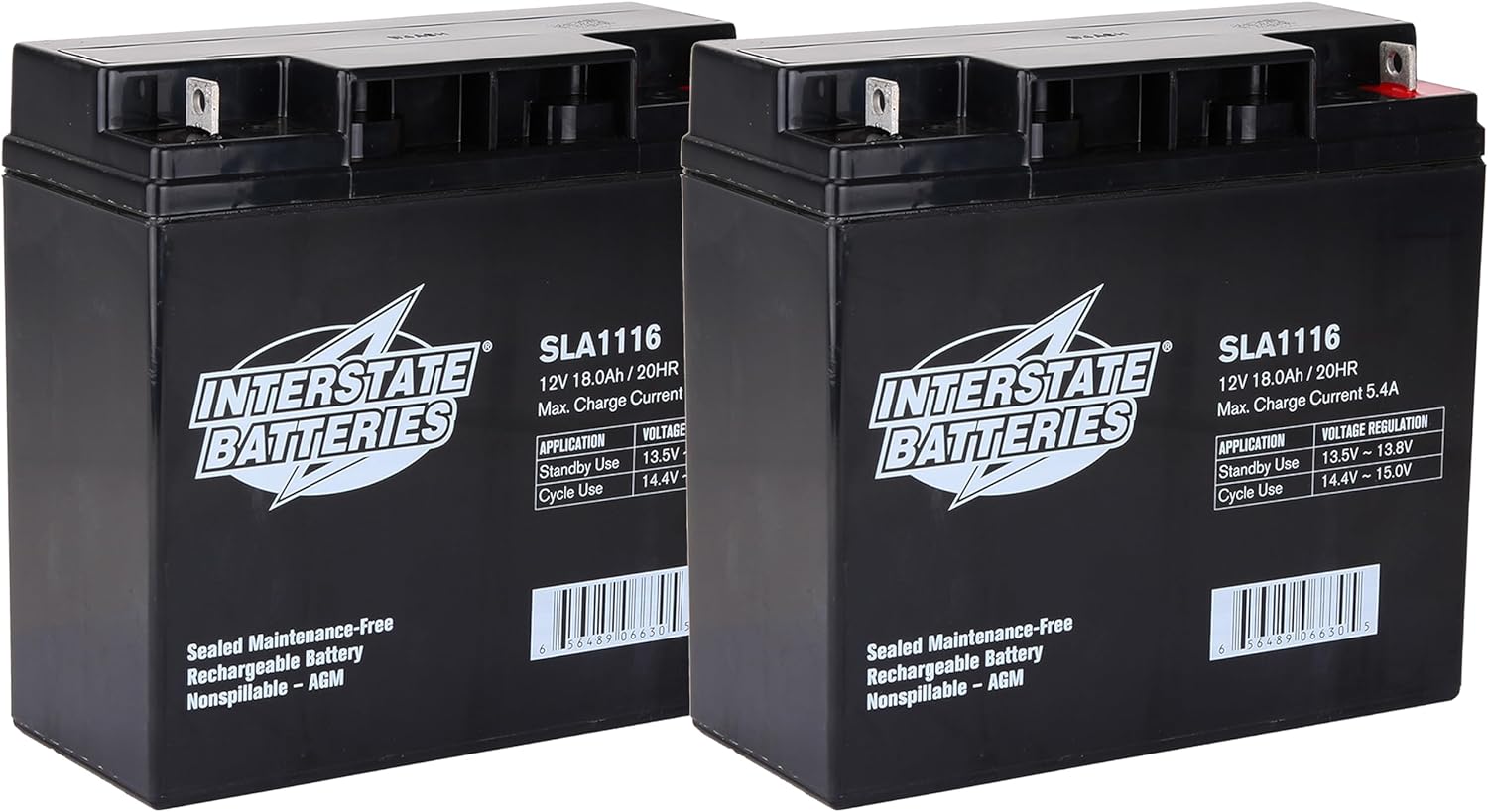 Interstate Batteries 12V 18Ah Battery (2-Count) (Nut & Bolt Terminal) SLA AGM VRLA Rechargeable Replacement for Solar Power, Generators, Medical Devices, Fences (SLA1116) 12V, 18AH