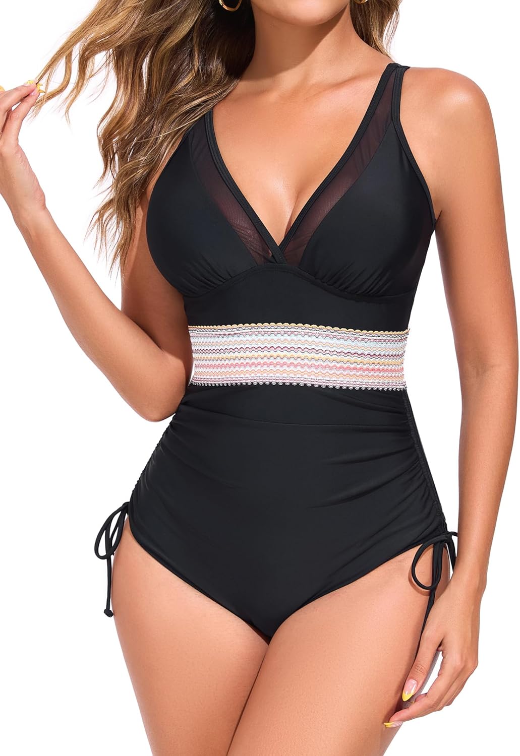 Smismivo Womens One Piece Tummy Control Swimsuit Slimming Push Up Mesh Bathing Suit Color Block Drawstring Swim Suits - Image 5