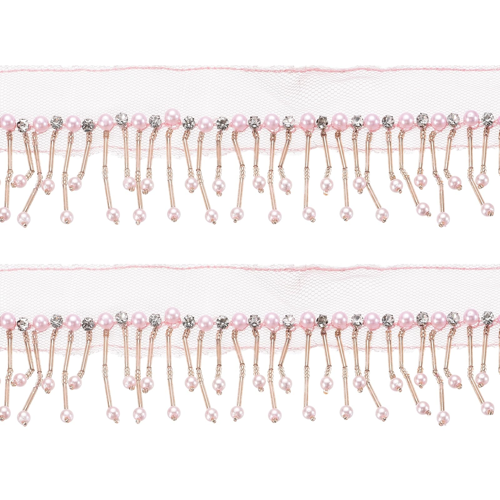 PATIKIL 1 Yard 2.5 Inch Rhinestone Pearl Fringe Trim, Rhinestone Fringe Trim Pearl Crystal Tassel Ribbon for Sewing Clothing Wedding Handbags Lamp Shade Home Decor DIY Crafts, Light Pink