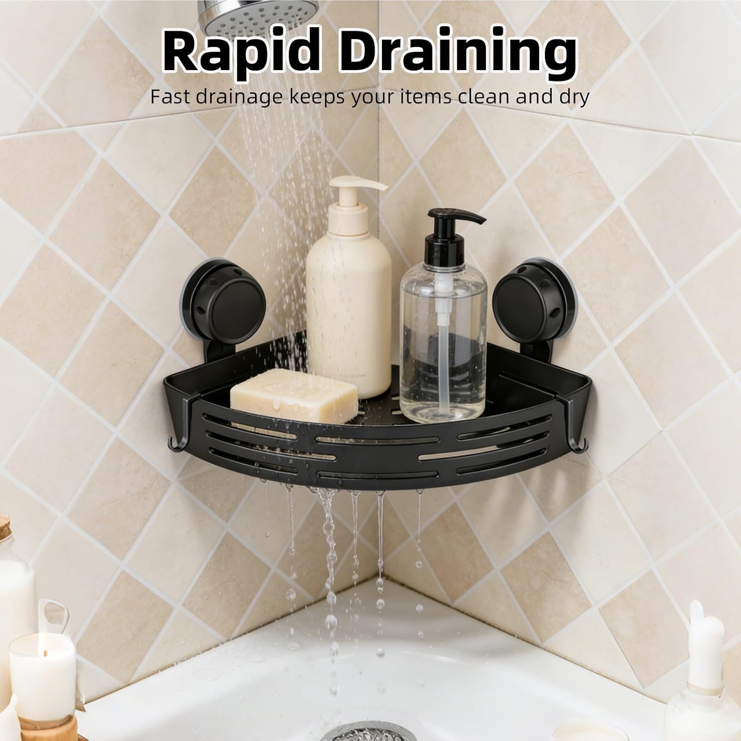 Corner Shower Caddy 3-Pack, No Drilling Adhesive Bathroom Shelf with Towel Bar & Hooks, Triangle Storage Organizer for Bathroom Kitchen RV, Fast Draining & Heavy Duty (Black)