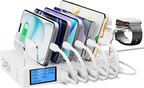 Stacja ładująca do wielu urządzeń, 7-portowa ładowarka 245 W z wyświetlaczem LCD i uchwytem do ładowania i-Watch 2 w 1, stacja ładująca USB, kompatybilna z tabletem i iPadem, iPhone 16/15/Pro/Max