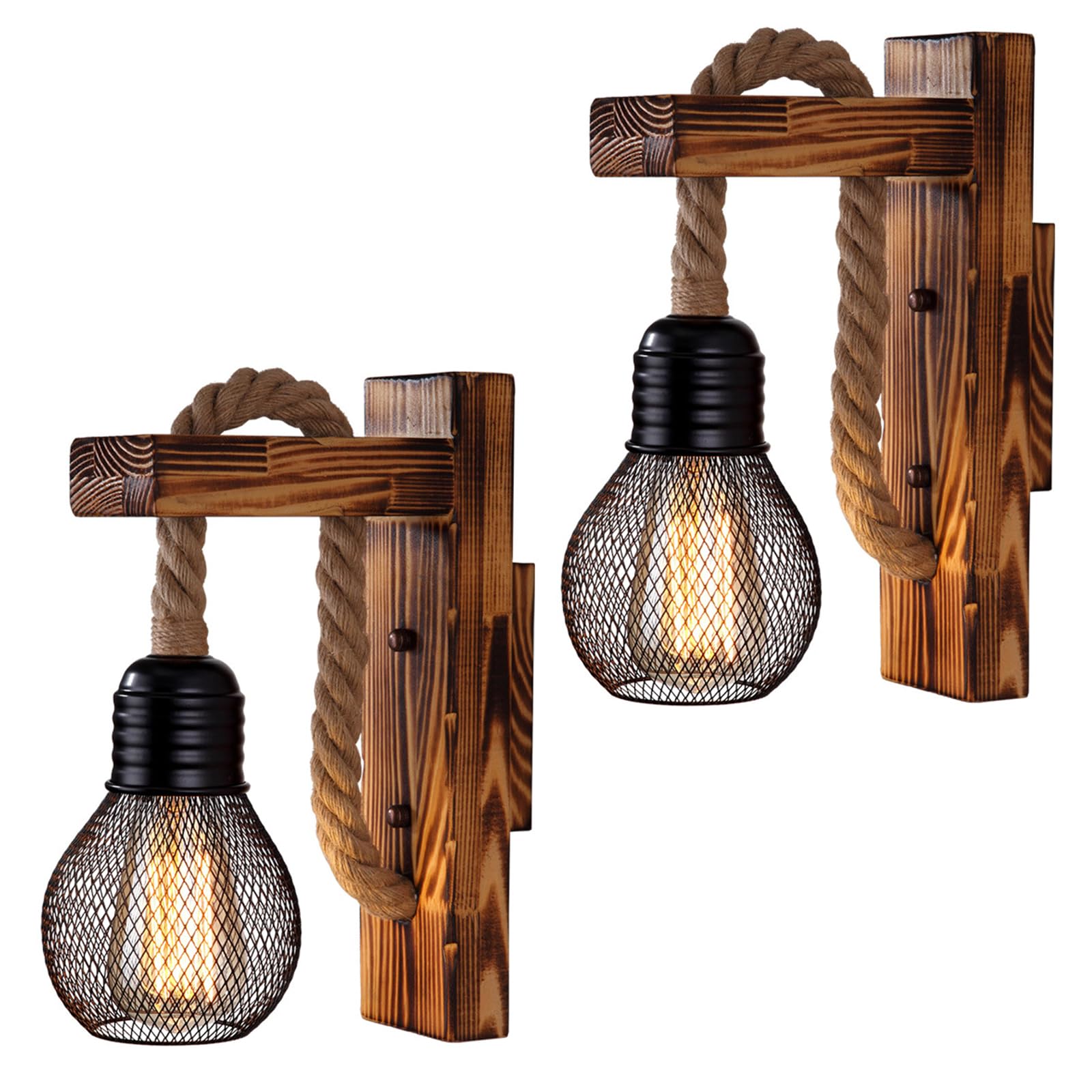 2Pezzi Lampada da parete industriale in corda di canapa e ferro, lampada da parete con puleggia di sollevamento personalità creativa Lampada retrò per camera da letto Café (senza lampadina)