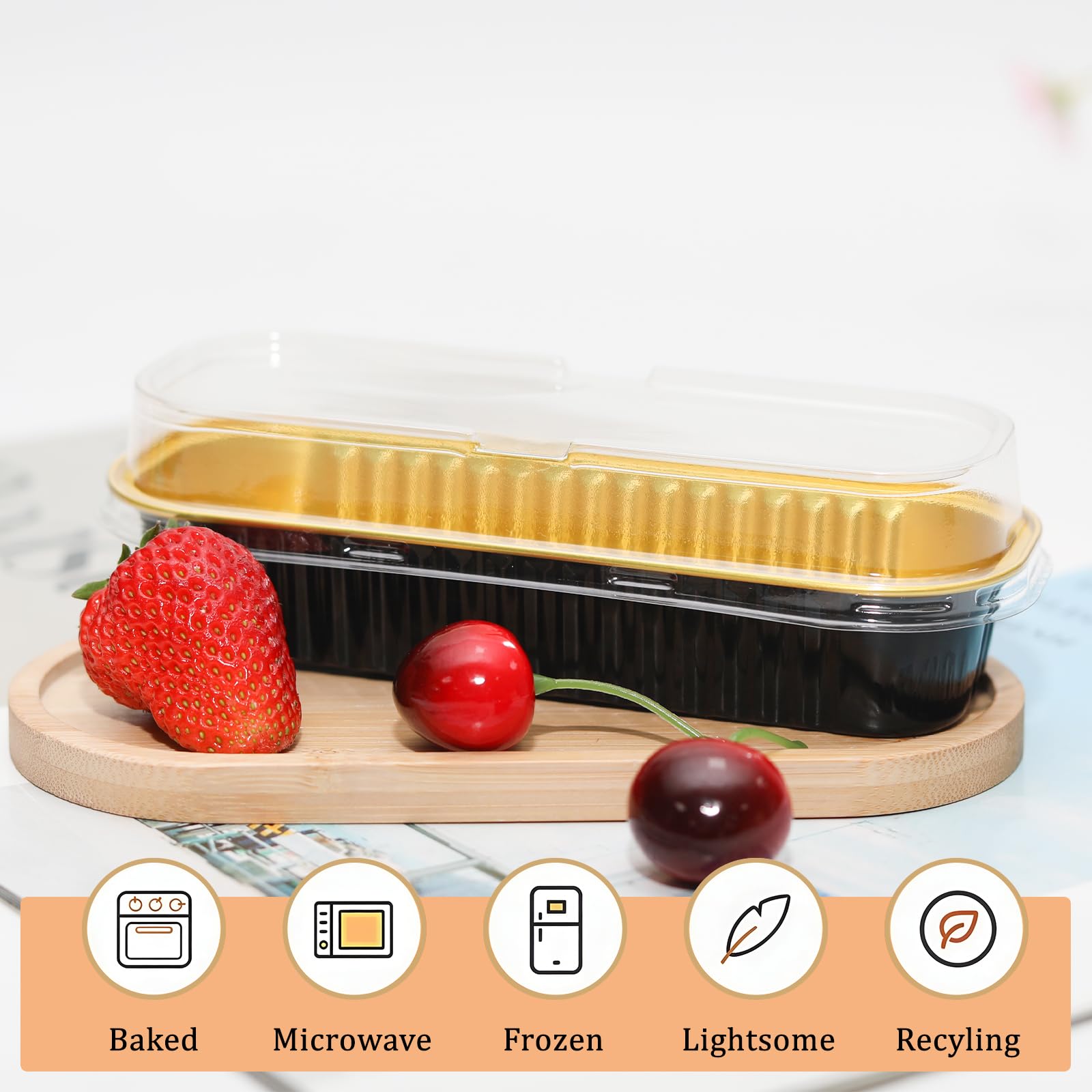 Paquete de 50 mini moldes para tartas de 6.8 onzas con tapas, mini moldes rectangulares desechables para tartas con tapas para picnics, fiestas, bodas, cumpleaños, color negro y dorado