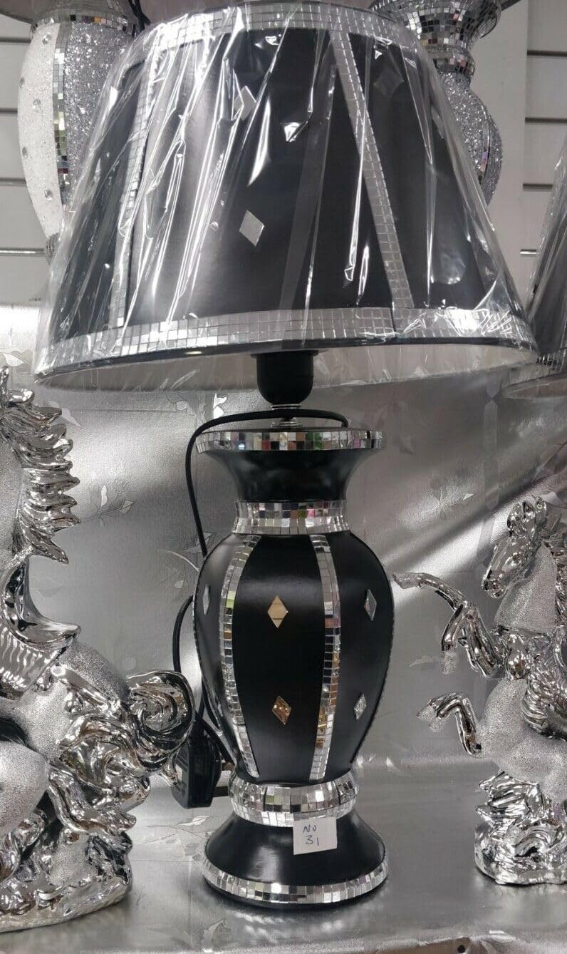 Biznest Black Silver Glitter Crushed Diamond Table Lamp with Shade Ornament Diamante Home Straight Line
