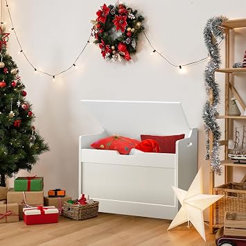 Storage Chest Wood with Lid & Safety Hinge, White Storage Trunk Large Wooden Ottoman Storage Box Shoe Bench Seat, Clothes Toy Chest Bedding Blanket Container for Living Room, Bedroom, 62 x 40 x 46 cm