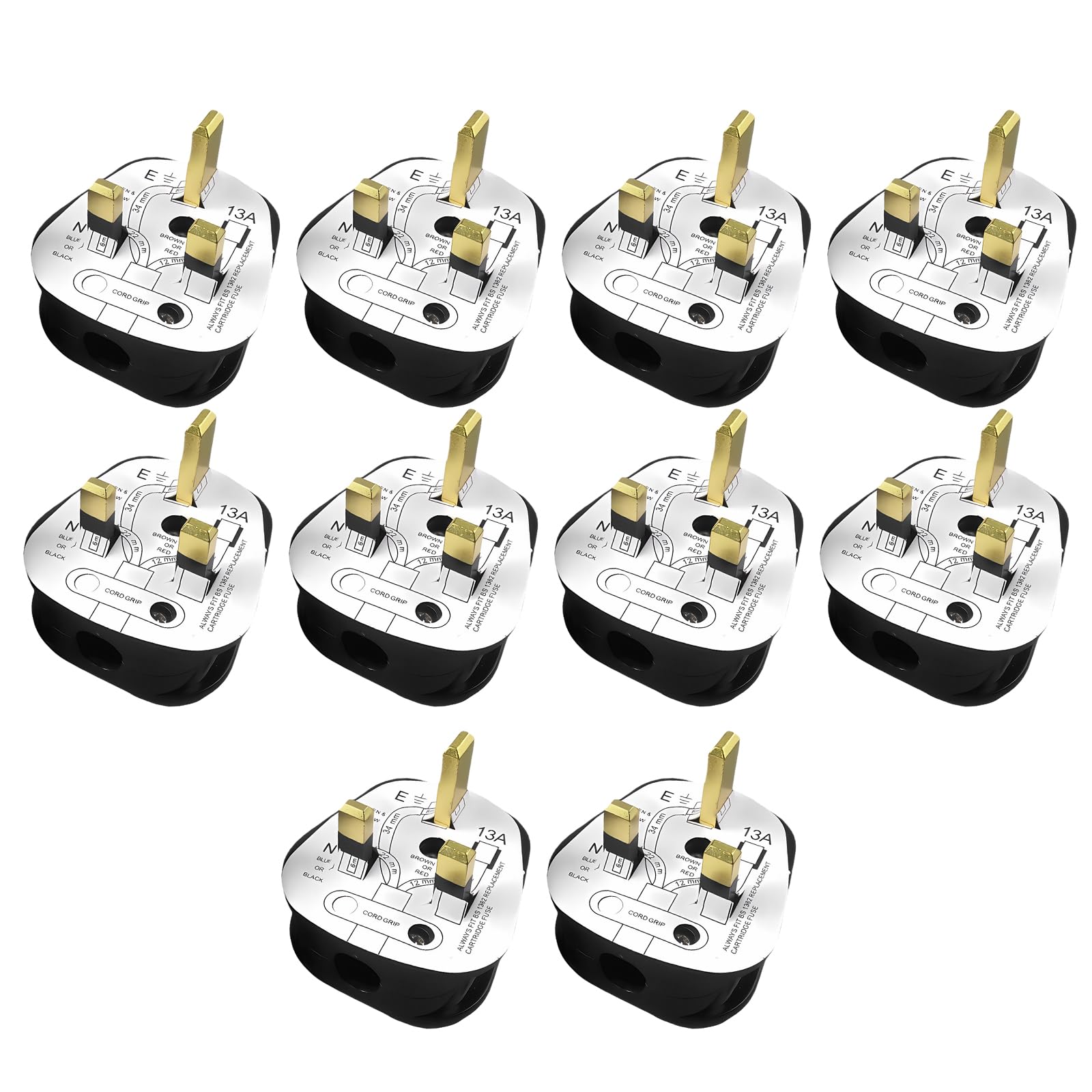 10 Pack 13 Amp Plug Uk, Black 3 Pin Plug Uk, Cord Grip Rewireable Heavy Duty Plugs with Fused Mains, Easy to Install for Home, Office Electrical Appliances (Black)